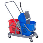 HOMCOM Chariot de lavage chariot de nettoyage professionnel presse à mâchoire 2 seaux 25 L 73L x 45l x 92H cm plastique gris bleu rouge