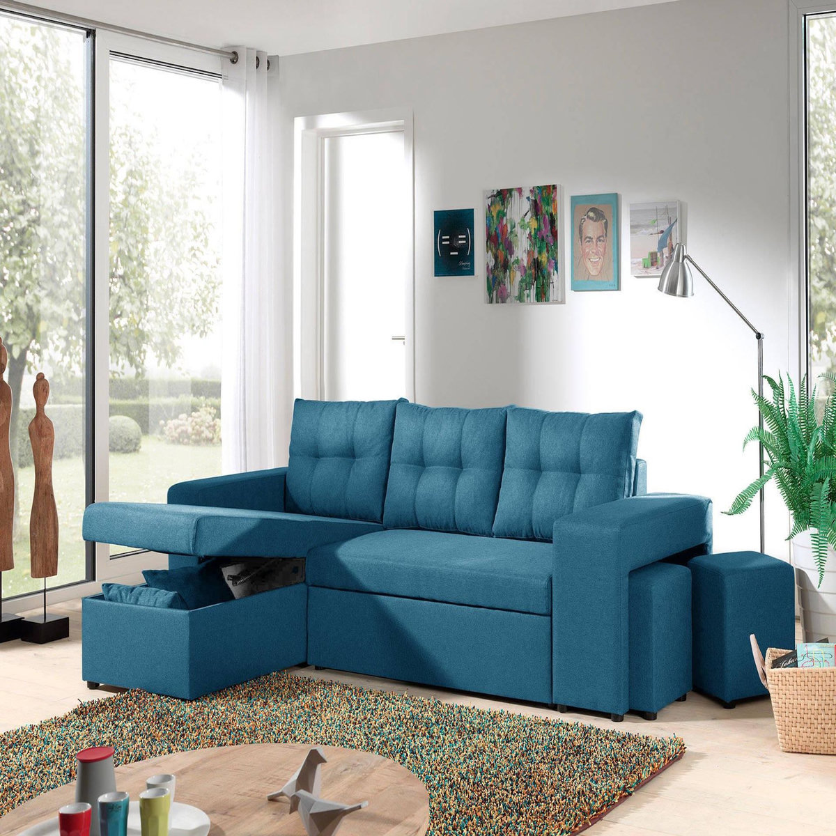 BEST MOBILIER California - canapé d'angle réversible et convertible avec coffre de rangement - bleu canard - bleu canard