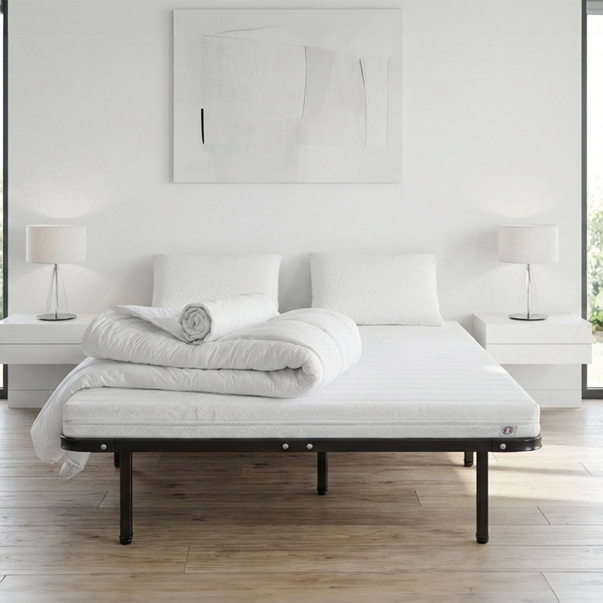 Voir la diapositive 1 : OLYMPE LITERIE Olympe literie | pack prêt à dormir egio | matelas latex like + sommier métal + accessoires