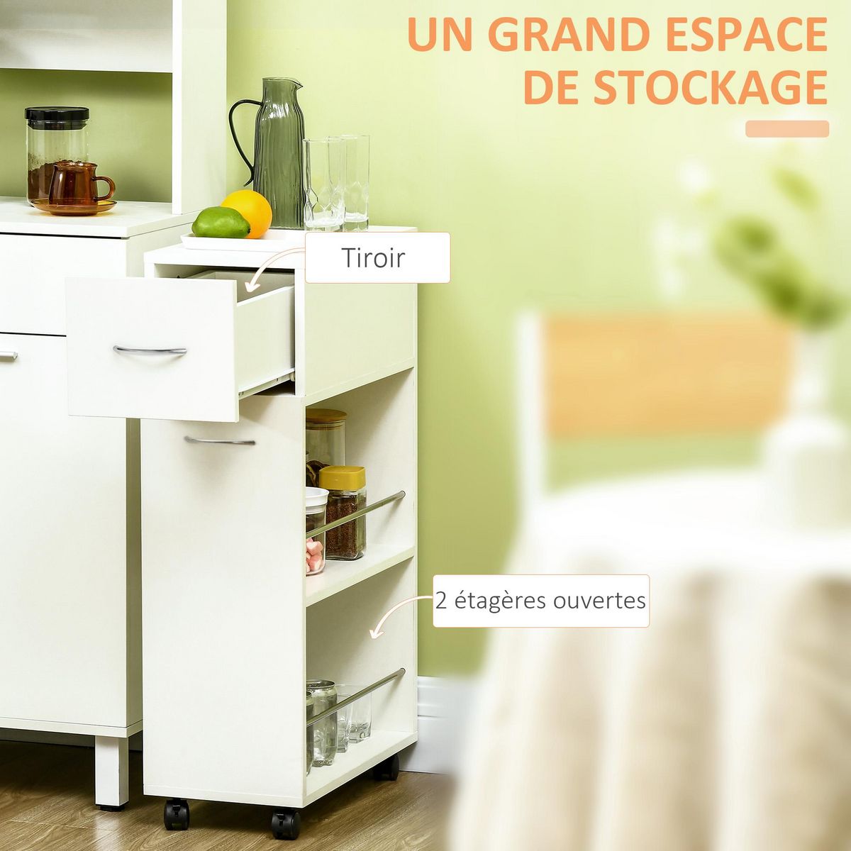 HOMCOM Chariot desserte de cuisine - tiroir, 2 étagères - dim. 25L x 50l x 85H cm - panneaux acier blanc