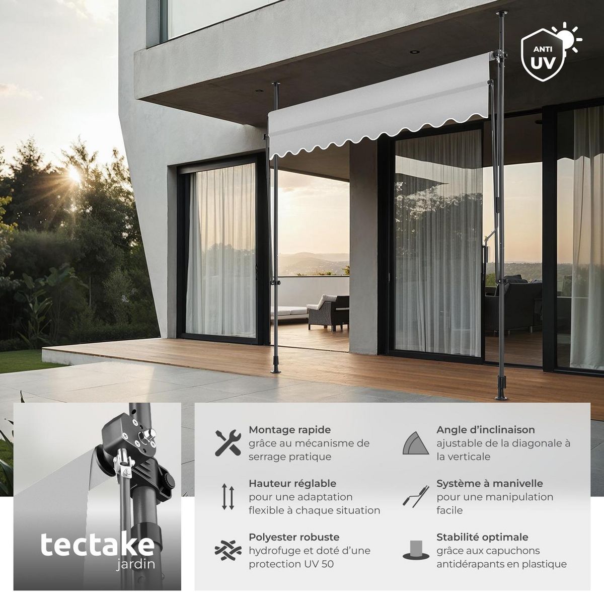 tectake Store à pince sans perçage avec manivelle gris clair 250 x 180 cm