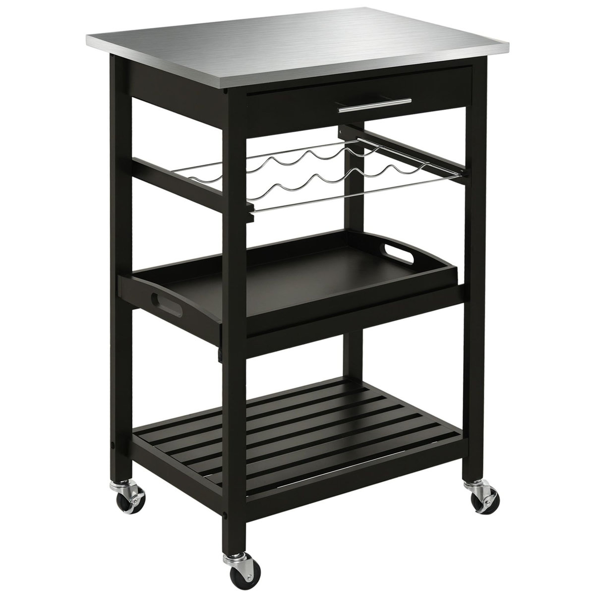HOMCOM HOMCOM Chariot de service desserte de cuisine à roulettes multi-rangements 60L x 40l x 85H cm plateau acier inox. MDF pin noir