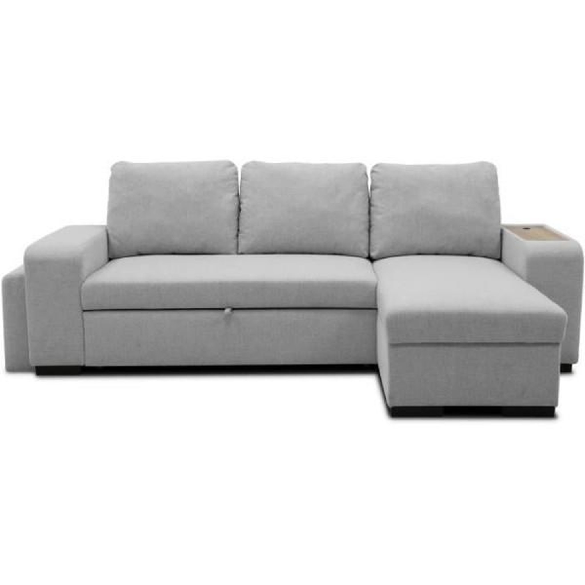MARKET24 Canapé d'angle convertible réversible VALDO 3 a 4 places - Tissu Souris - Tablette avec USB - Coffre + Pouf - L247xP143xH86 cm