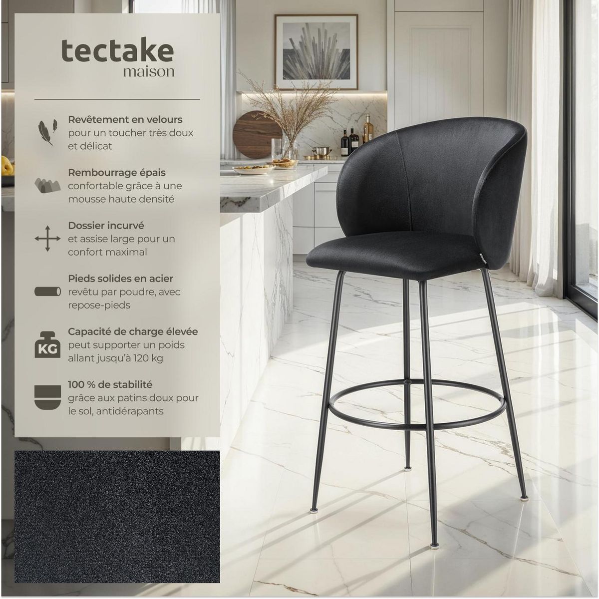 tectake Chaise de bar en velours rembourré noir/noir Ensemble de 4 pièces