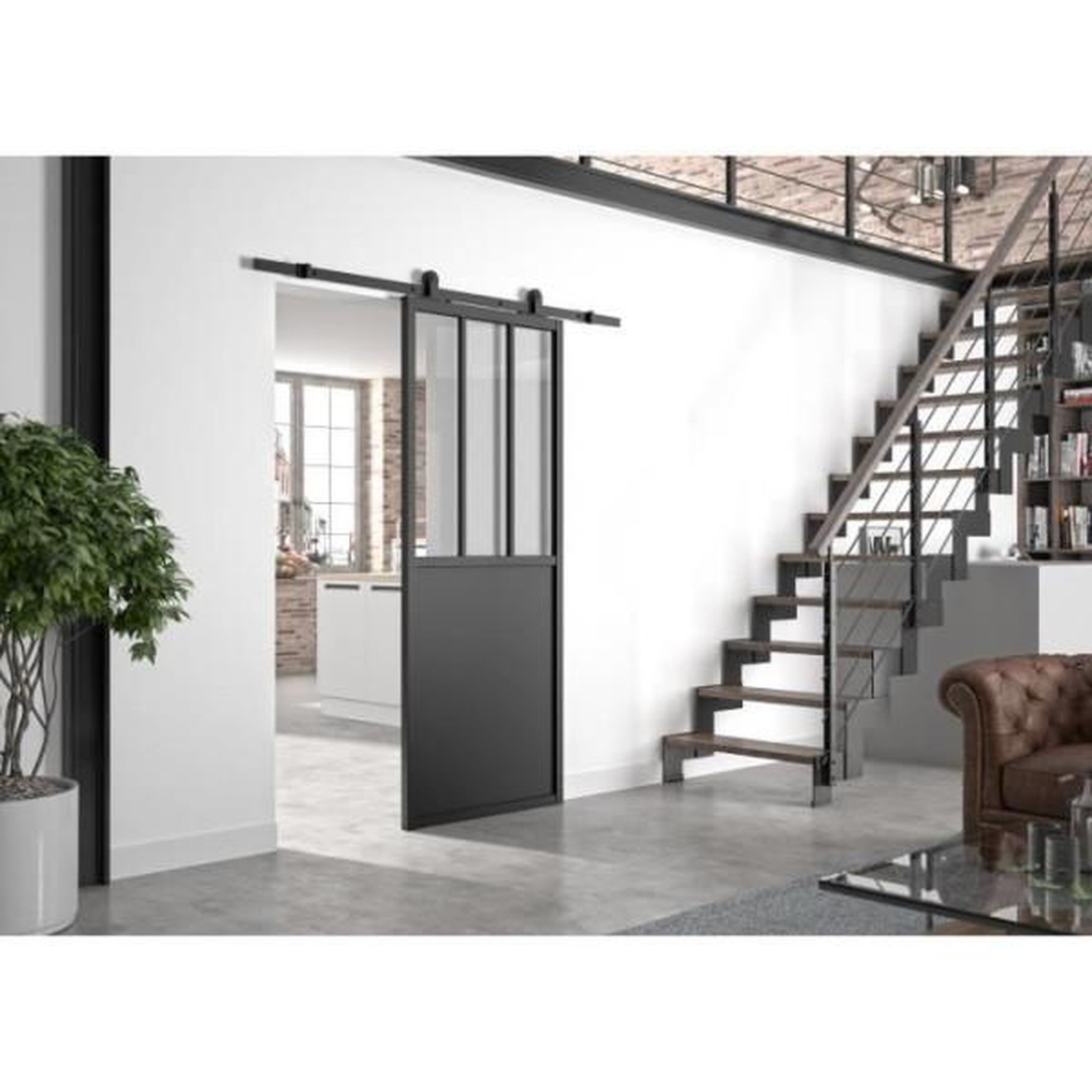 OPTIMUM Optimum kit porte coulissante atelier noir + rail apparent - 204 x 83 cm - verre transparent