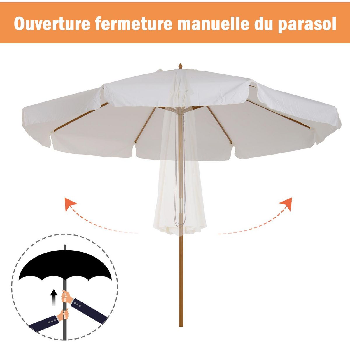 OUTSUNNY Parasol droit rond grande taille de jardin Ø 3,25 x 2,5H m bois de bambou polyester crème