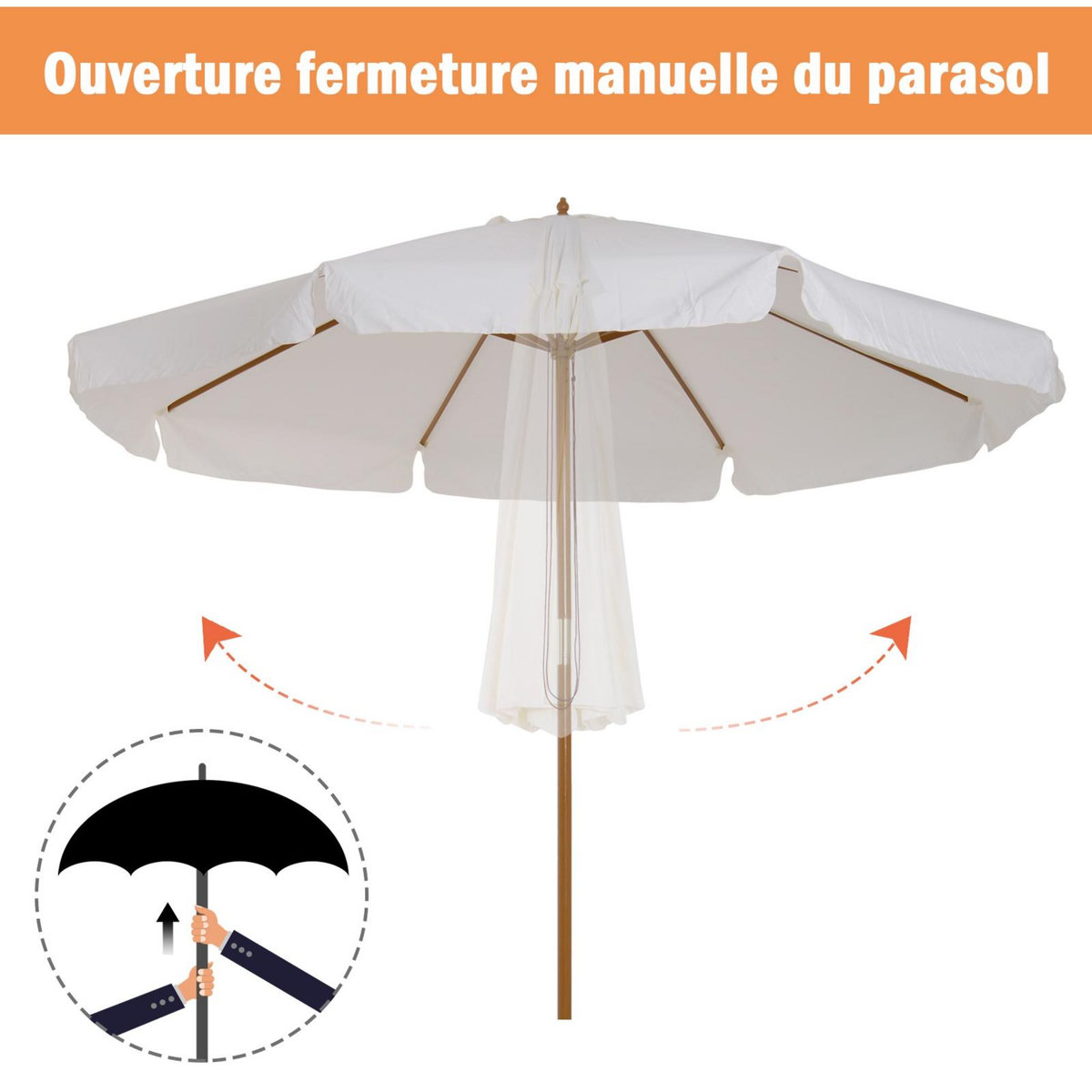 OUTSUNNY Parasol droit rond grande taille de jardin Ø 3,25 x 2,5H m bois de bambou polyester crème