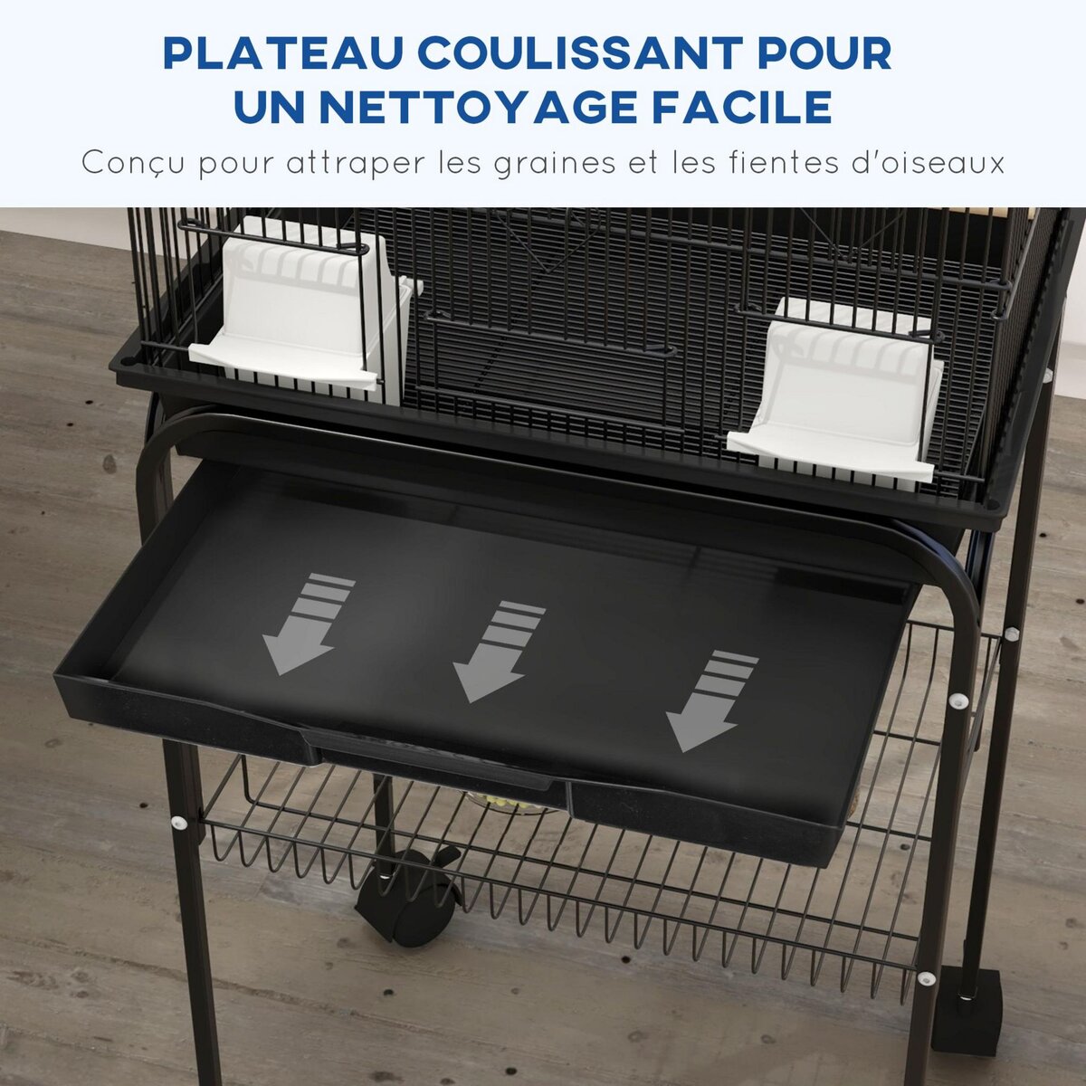PAWHUT Cage à oiseaux design maison mangeoires perchoirs 3 portes plateau excrément amovible noir