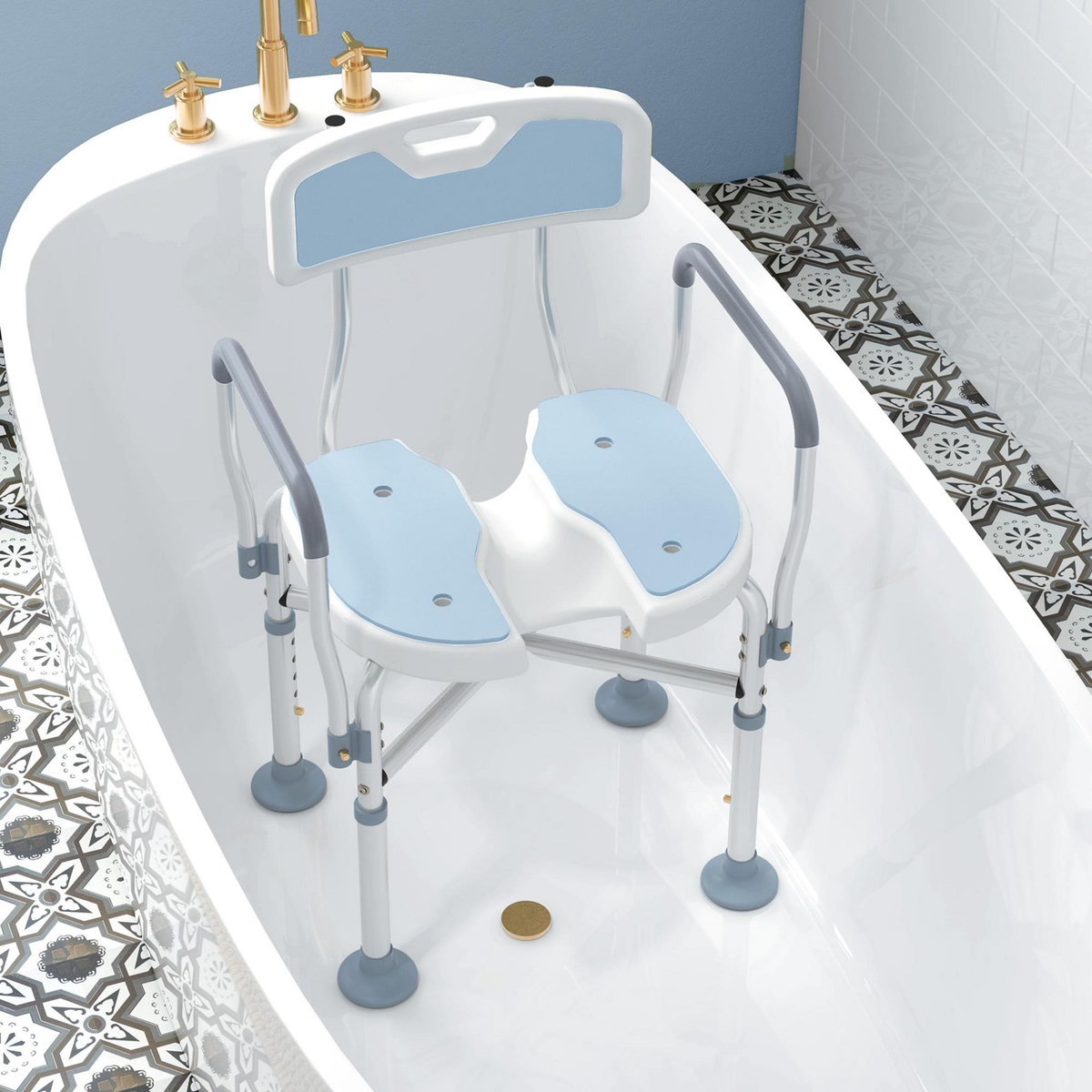 HOMCOM Tabouret de douche avec siège rembourrée et accoudoirs, chaise de douche, tabouret de bain, hauteur réglable 83-91,5 cm, cadre en aluminium et pieds antidérapants, bleu