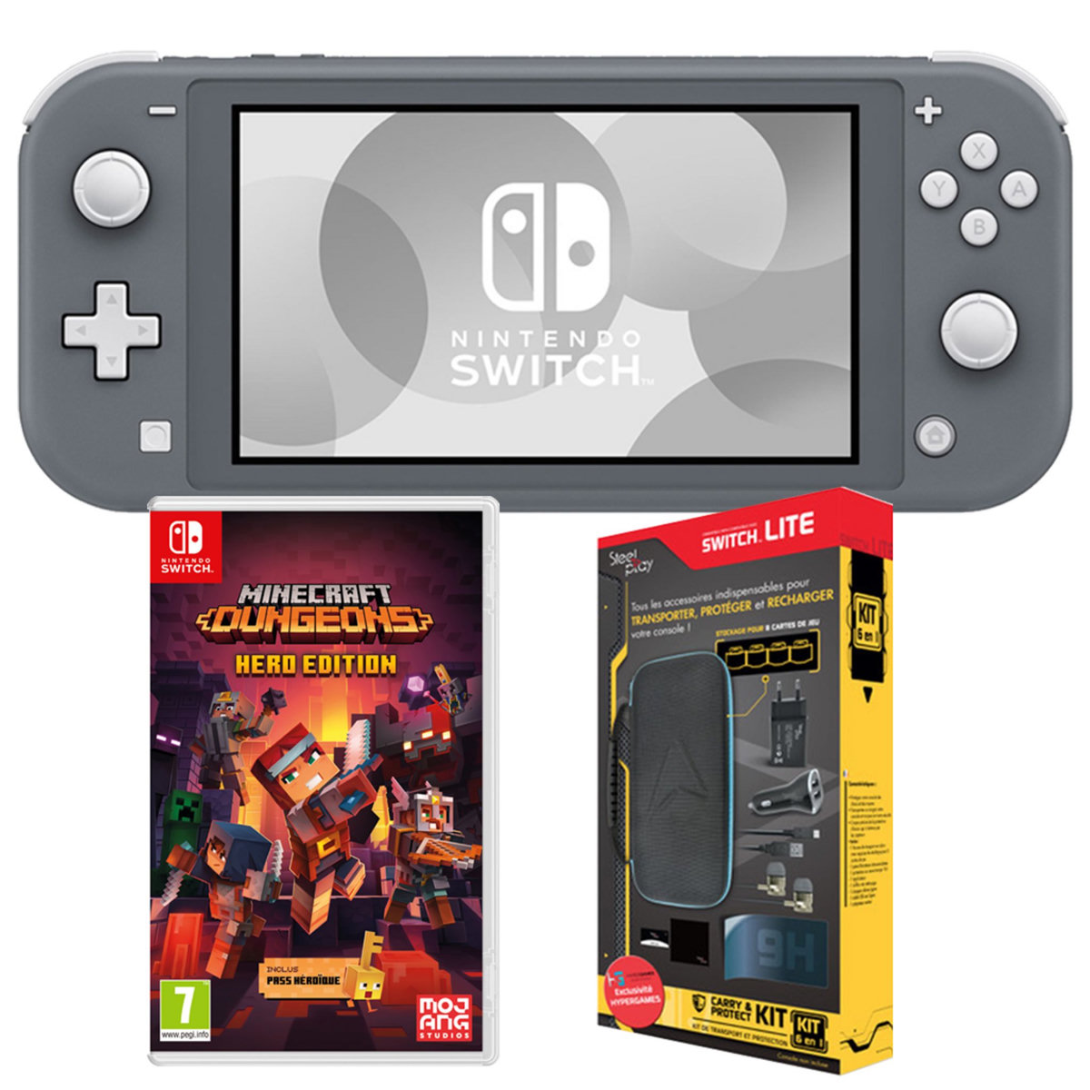 NINTENDO EXCLU WEB Console Nintendo Switch Lite Grise + Minecraft Dungeons + Pack Exclu 6 Accessoires