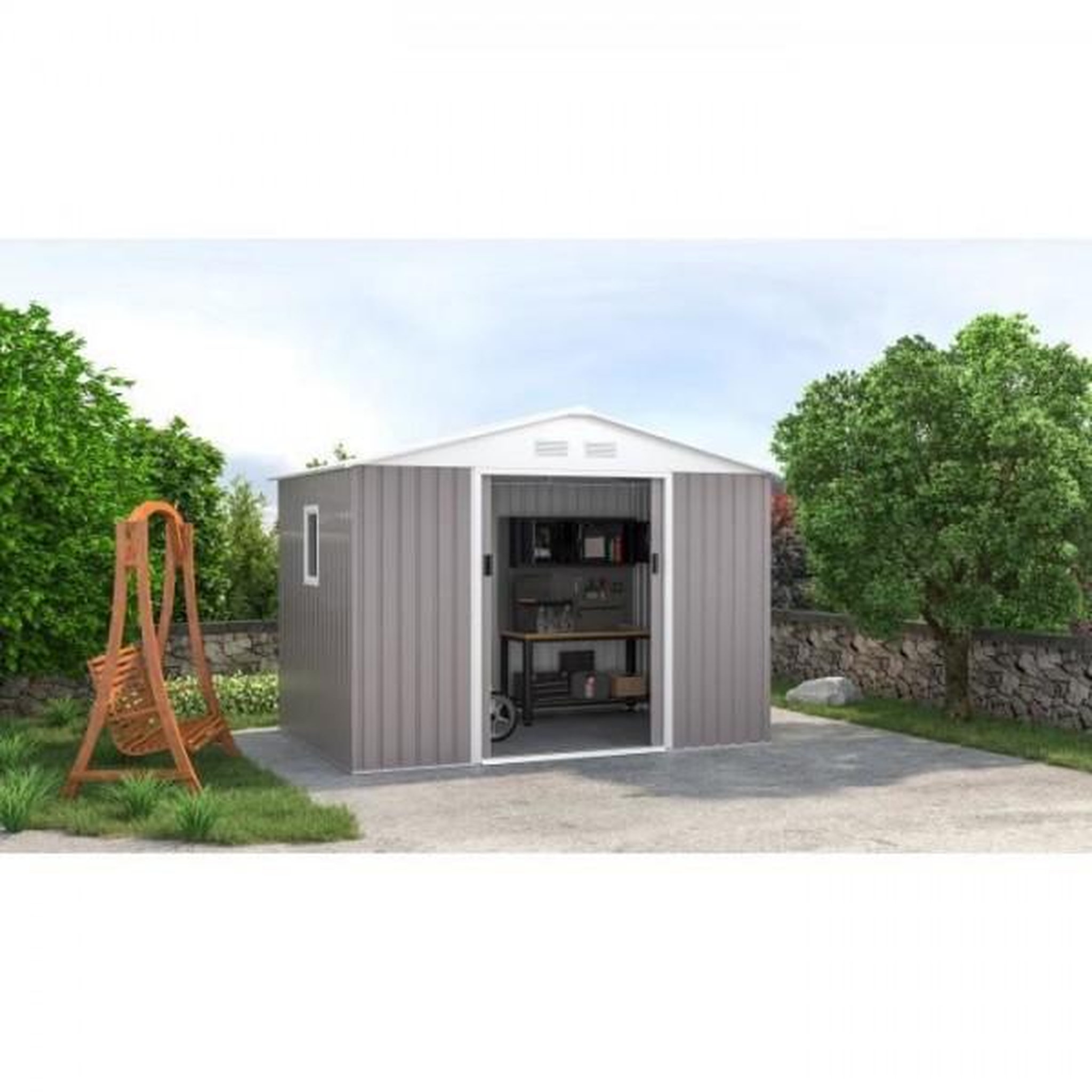 Voir la diapositive 4 : MARKET24 VENUS Abri de jardin en métal 	5,29 m² - 277 x 191 x 202 cm - Kit d'ancrage inclus, 2 portes coulissantes, 1 fenetre latérale