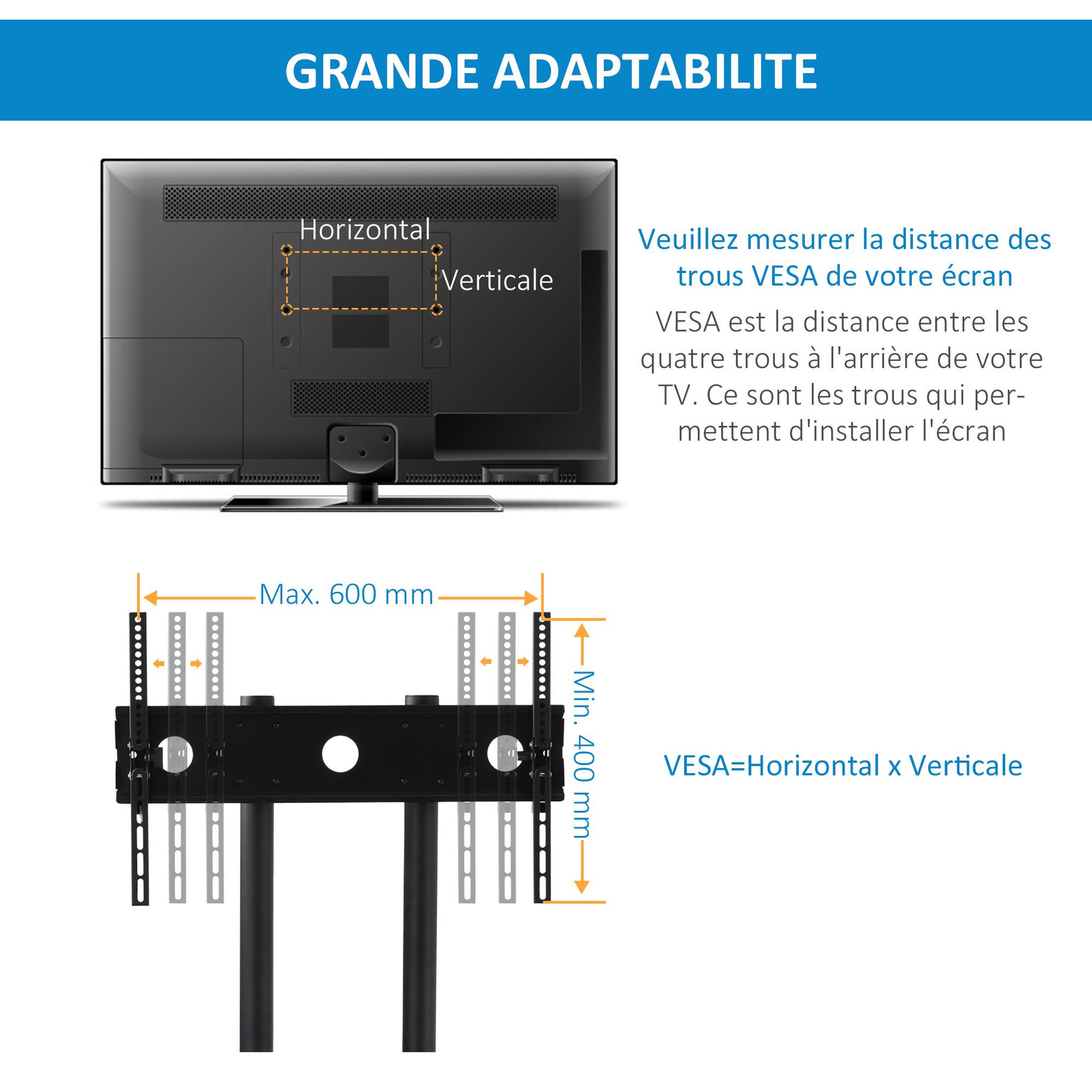 Voir la diapositive 6 : HOMCOM HOMCOM Support TV sur roulettes meuble TV roulant pour écran 32-65 pouces hauteur et angle réglable charge max. 50 Kg châssis acier noir