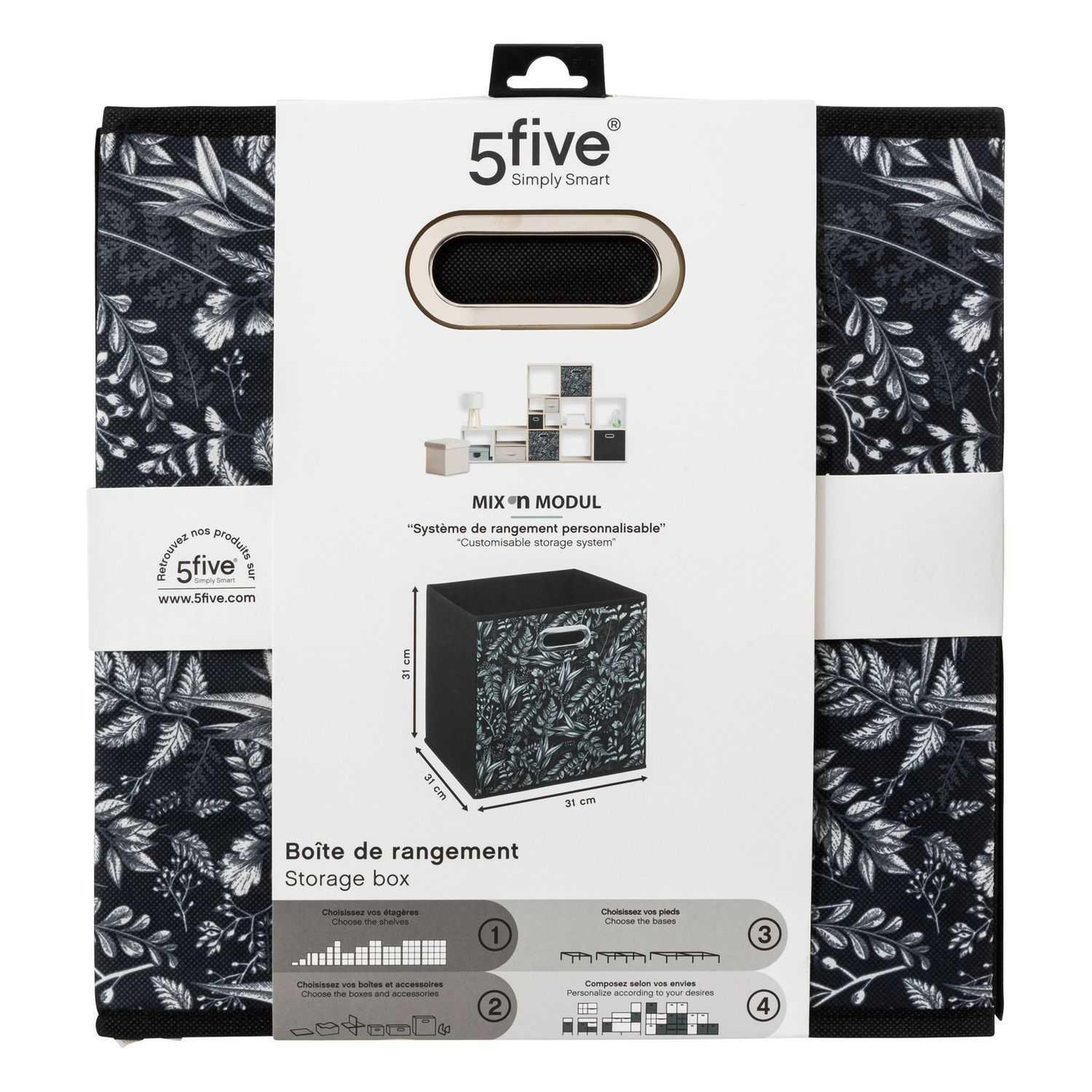 Voir la diapositive 5 : TOILINUX Lot de 6 boites de rangement en tissu botanical - 31x31x31cm - noir