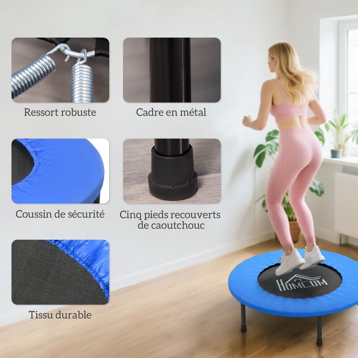 HOMCOM Mini trampoline de Fitness dia. 81cm max. 100Kg couvre-ressort pieds antidérapants noir bleu