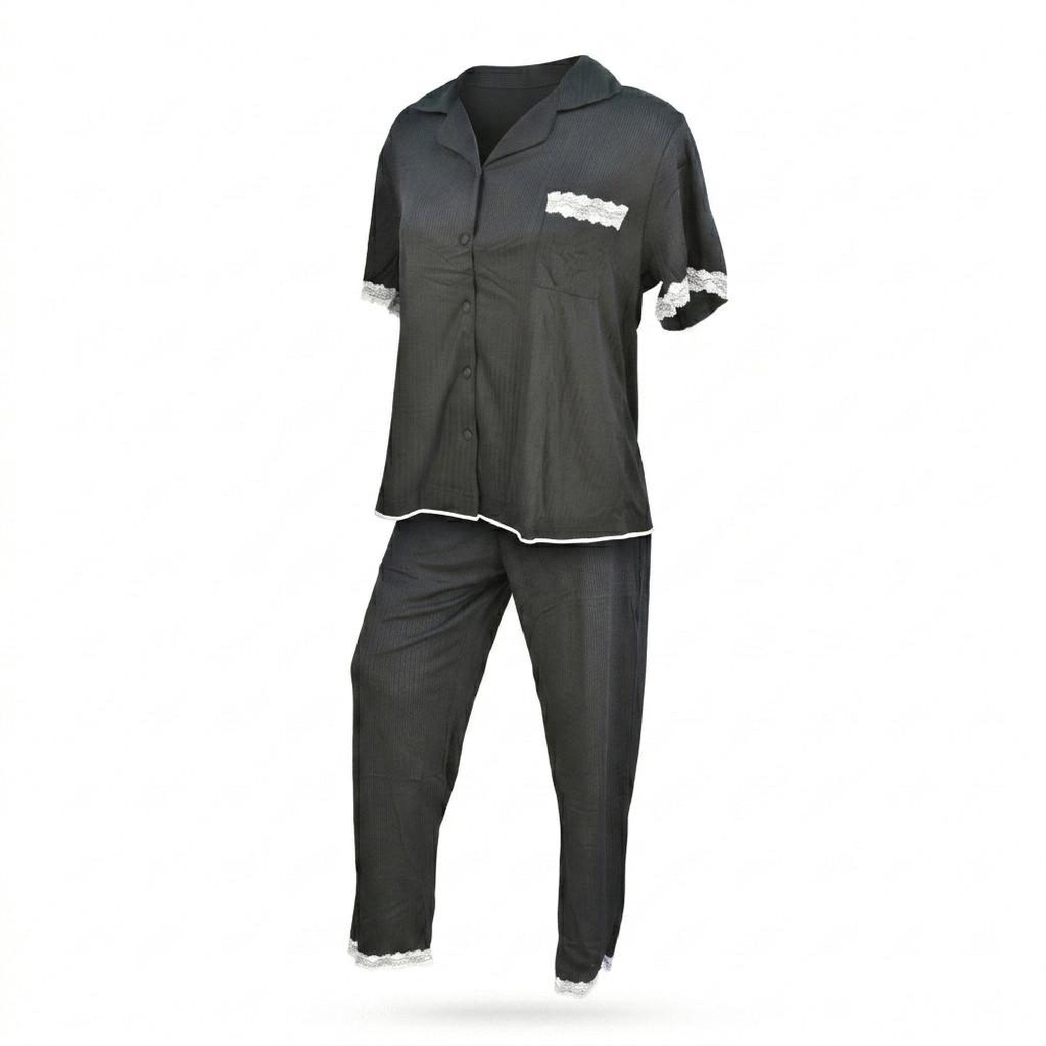 Voir la diapositive 1 : OZABI OZABI Pyjama Femme Long Boutonné Dentelle Tissu Ultra Léger