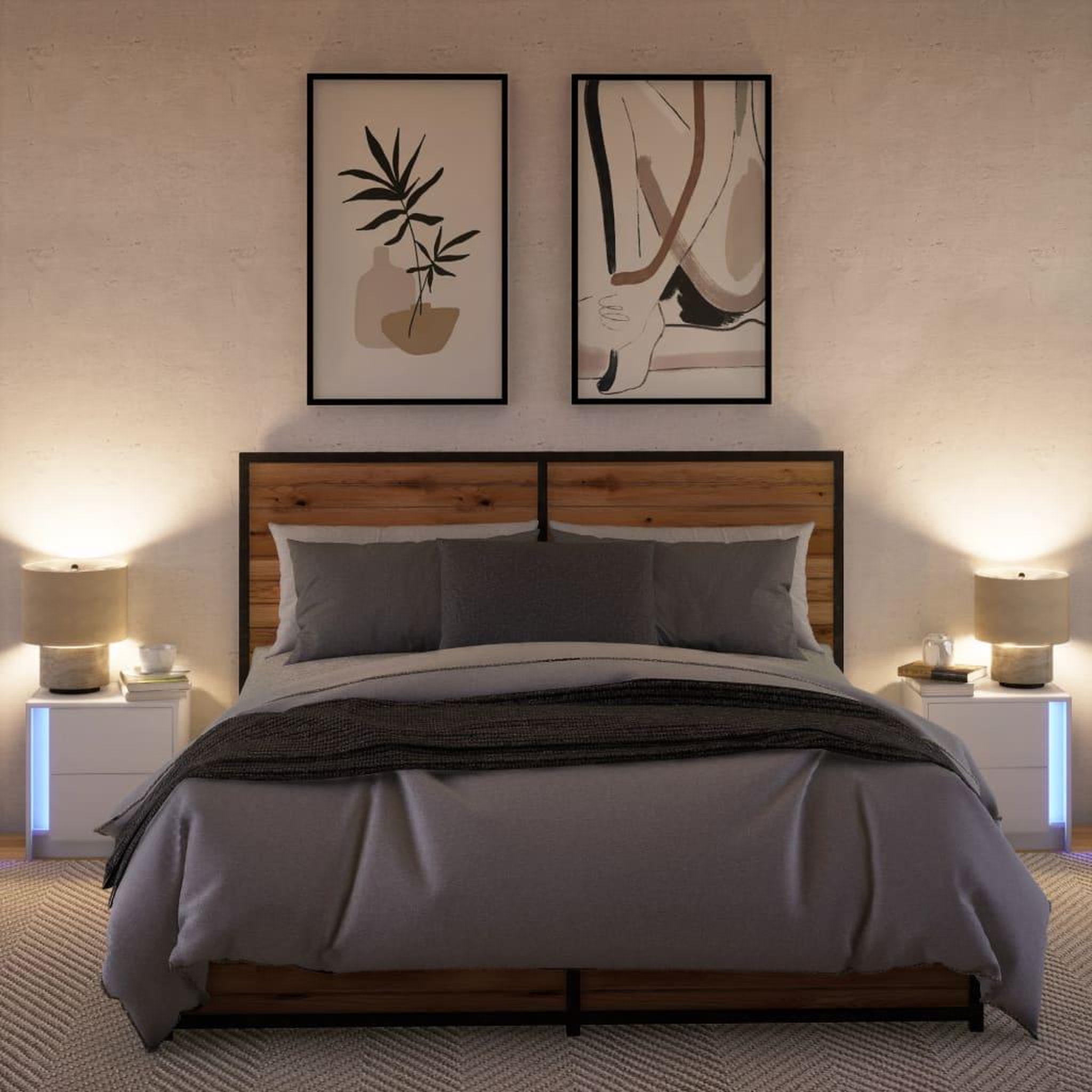 Voir la diapositive 5 : VIDAXL Armoires de chevet et lumieres LED 2pcs blanc bois d'ingenierie