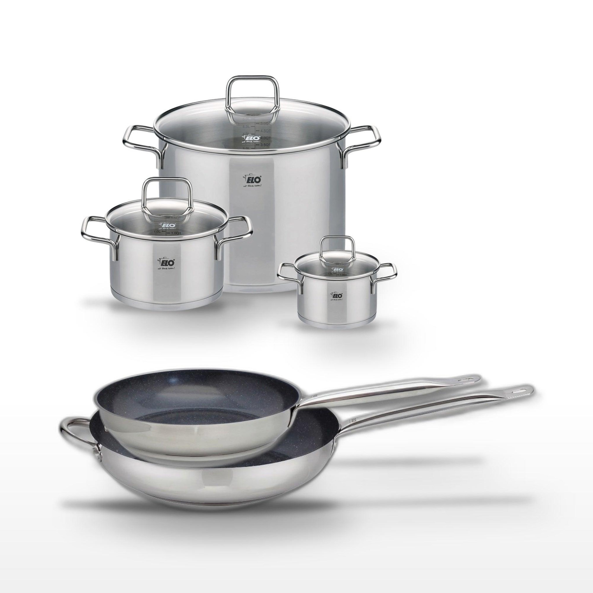 ELO Lot 2 poêles 28/32cm et 3 faitouts 14/20/26cm elo profi therm platinum