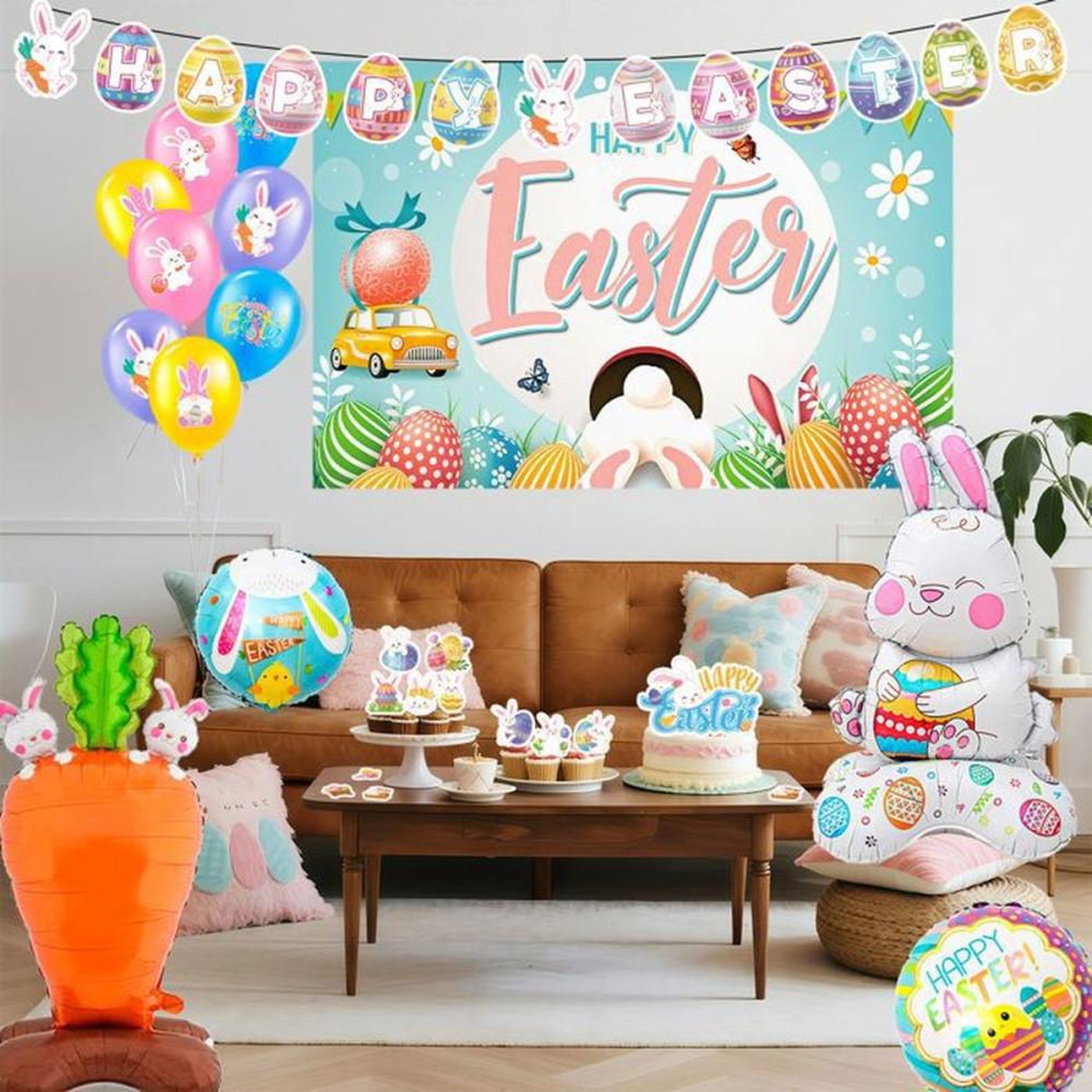 Voir la diapositive 6 : Kit décoration Pâques Lapin Happy Easter : banderole, décor de fond, 20 ballons multicolores ronds et 24 pics cupcakes