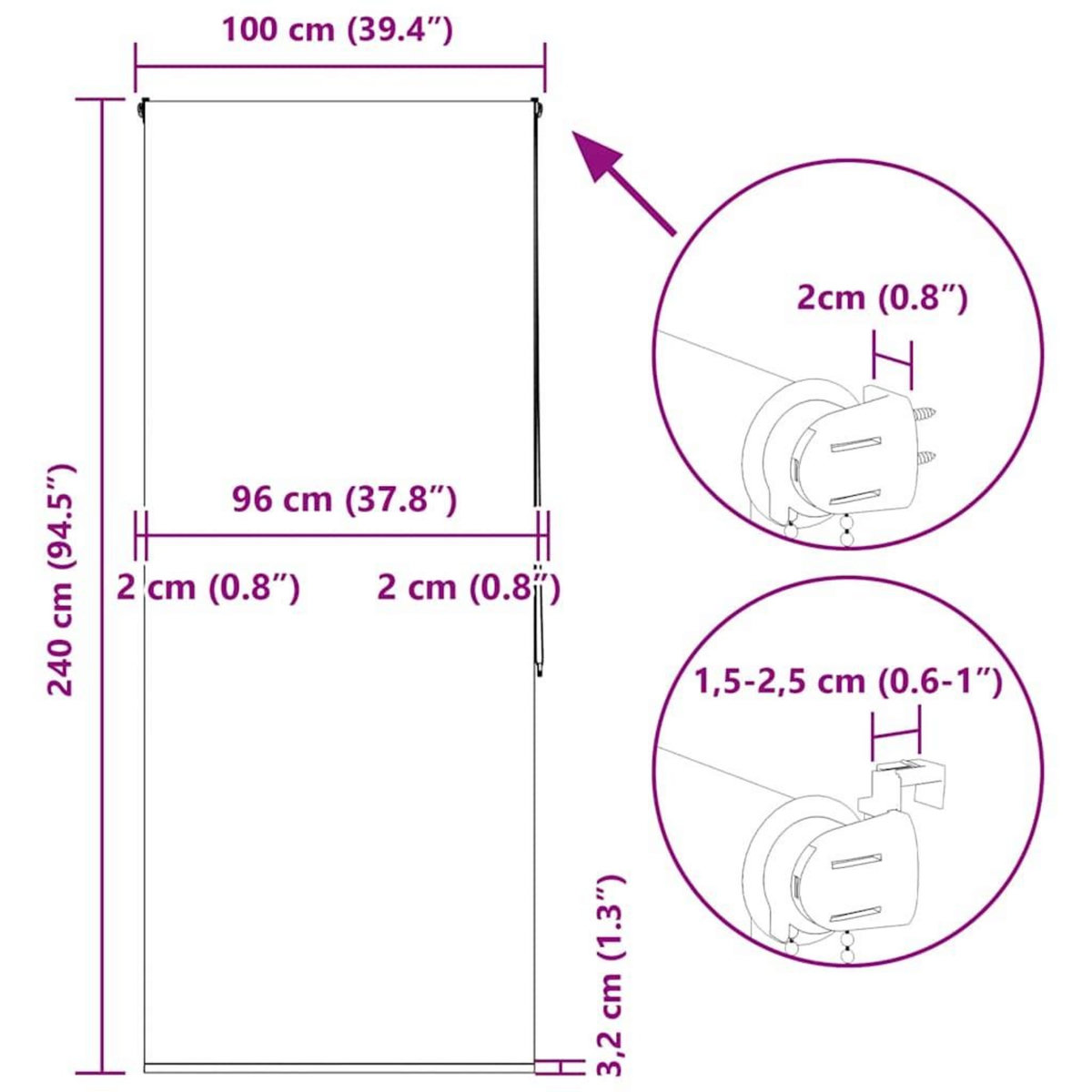 VIDAXL Store enrouleur de douche 100x240 cm largeur du tissu 96 cm