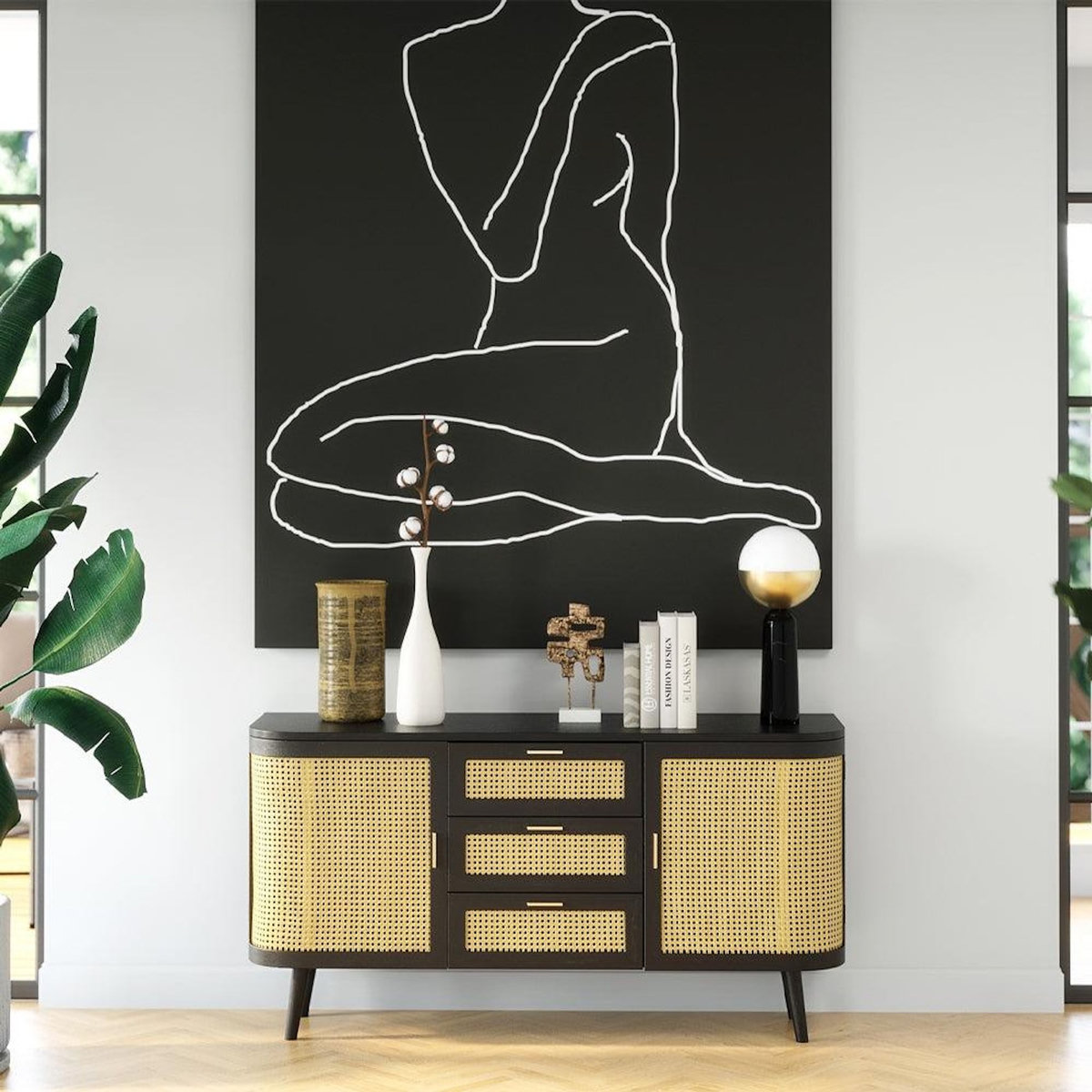 Rendez vous déco Buffet noir 2 portes 3 tiroirs en bois de manguier et cannage-Wendy