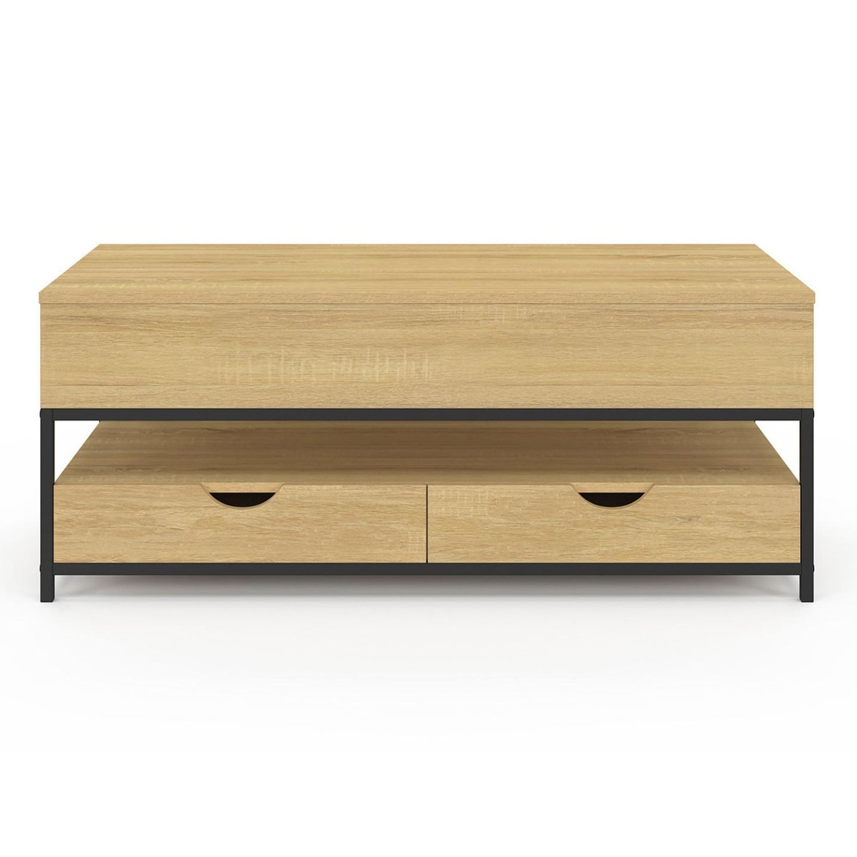 ID MARKET Table basse plateau relevable rectangulaire DETROIT avec 2 tiroirs design industriel