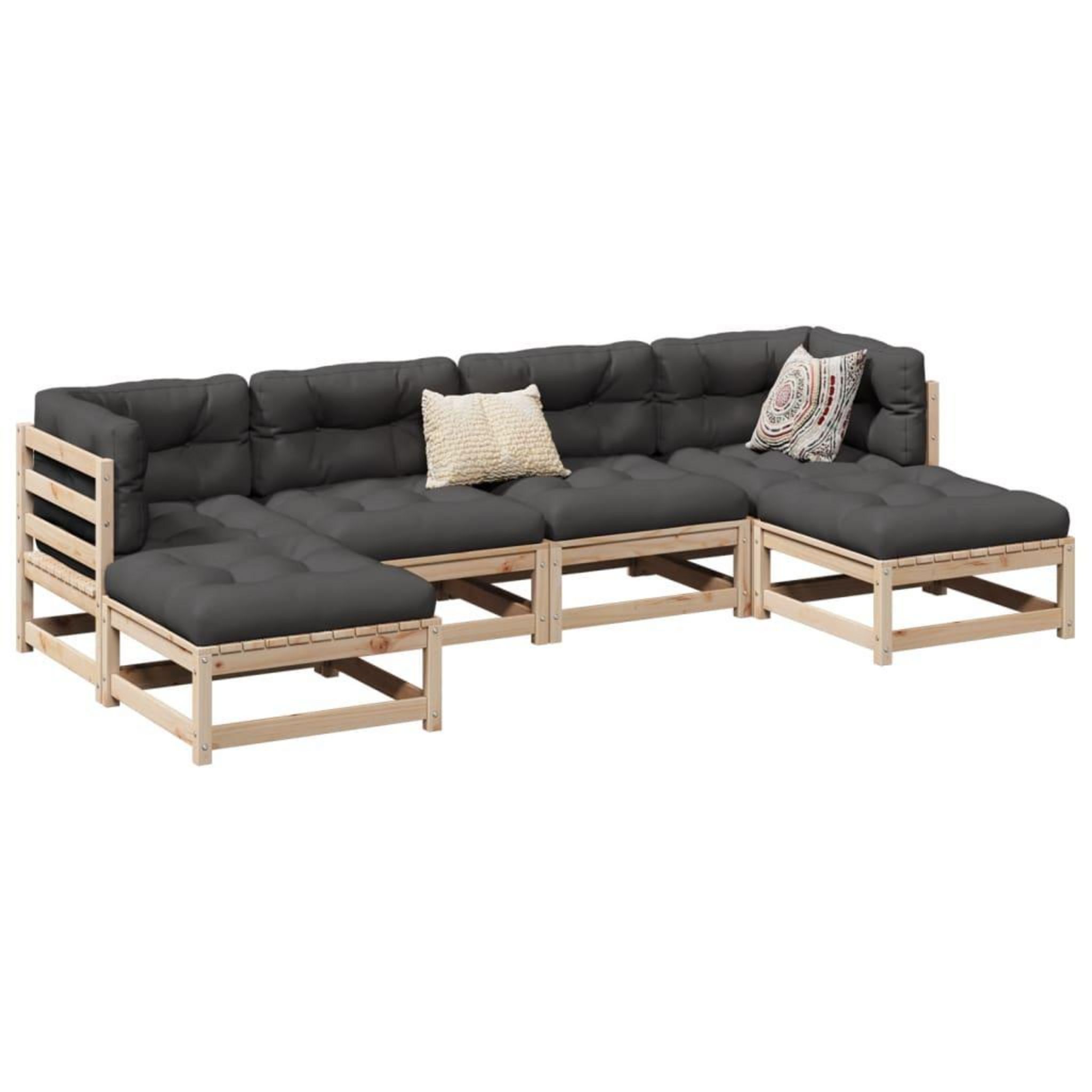 Canapé Central De Jardin En Pin Massif Avec Coussins - Modulaire, Design Scandinave, Extérieur - 3