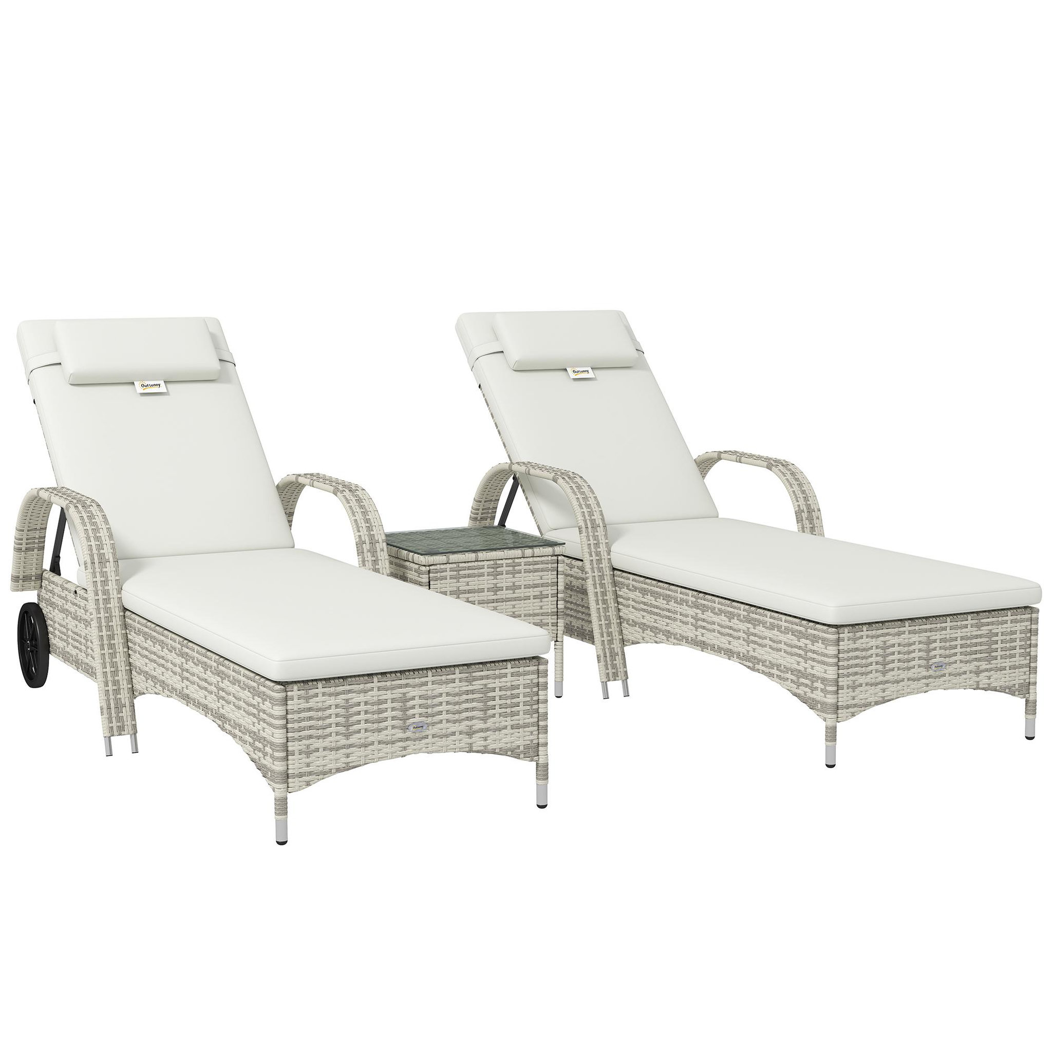 Voir la diapositive 1 : OUTSUNNY Lot de 2 bains de soleil inclinables tout confort avec table d'appoint résine tressée crème