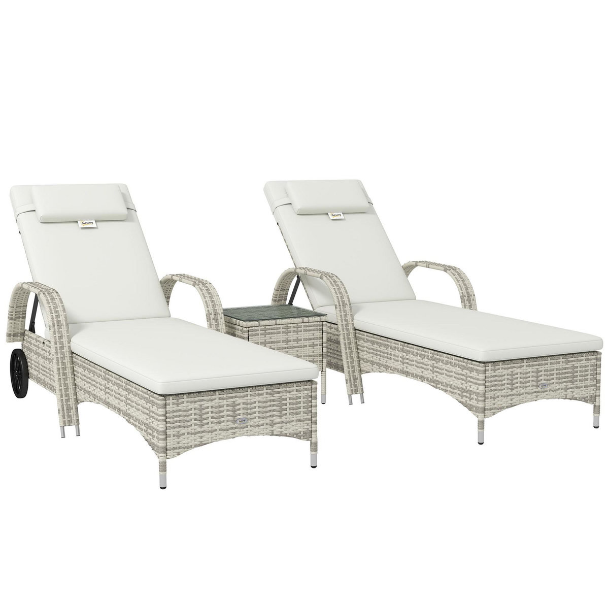 OUTSUNNY Lot de 2 bains de soleil inclinables tout confort avec table d'appoint résine tressée crème