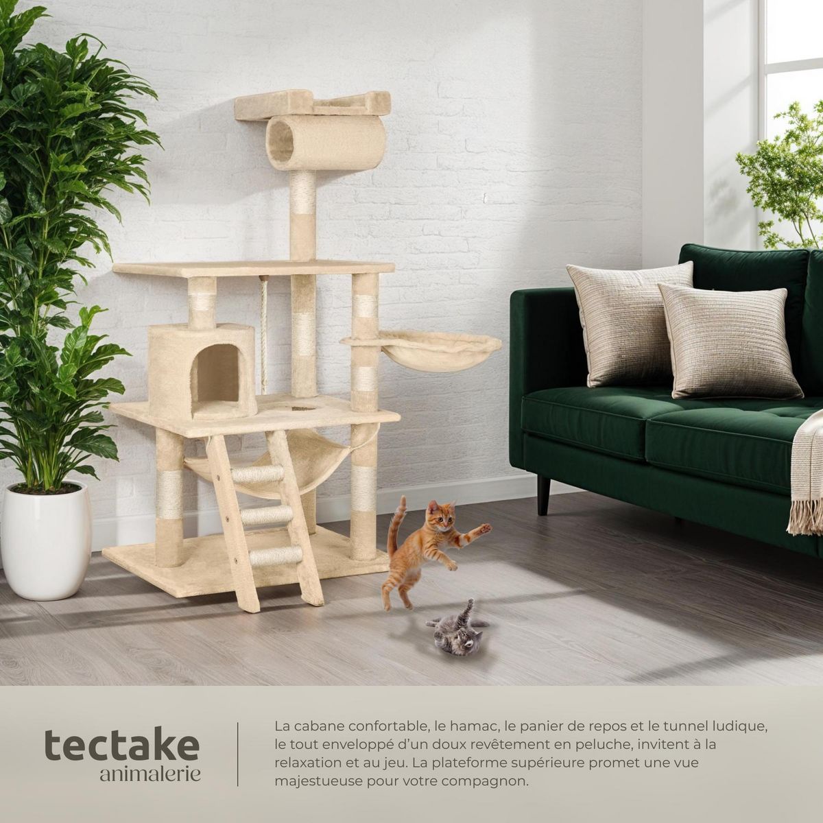 tectake Arbre à chat 141 cm avec griffoir et plateforme d'escalade beige