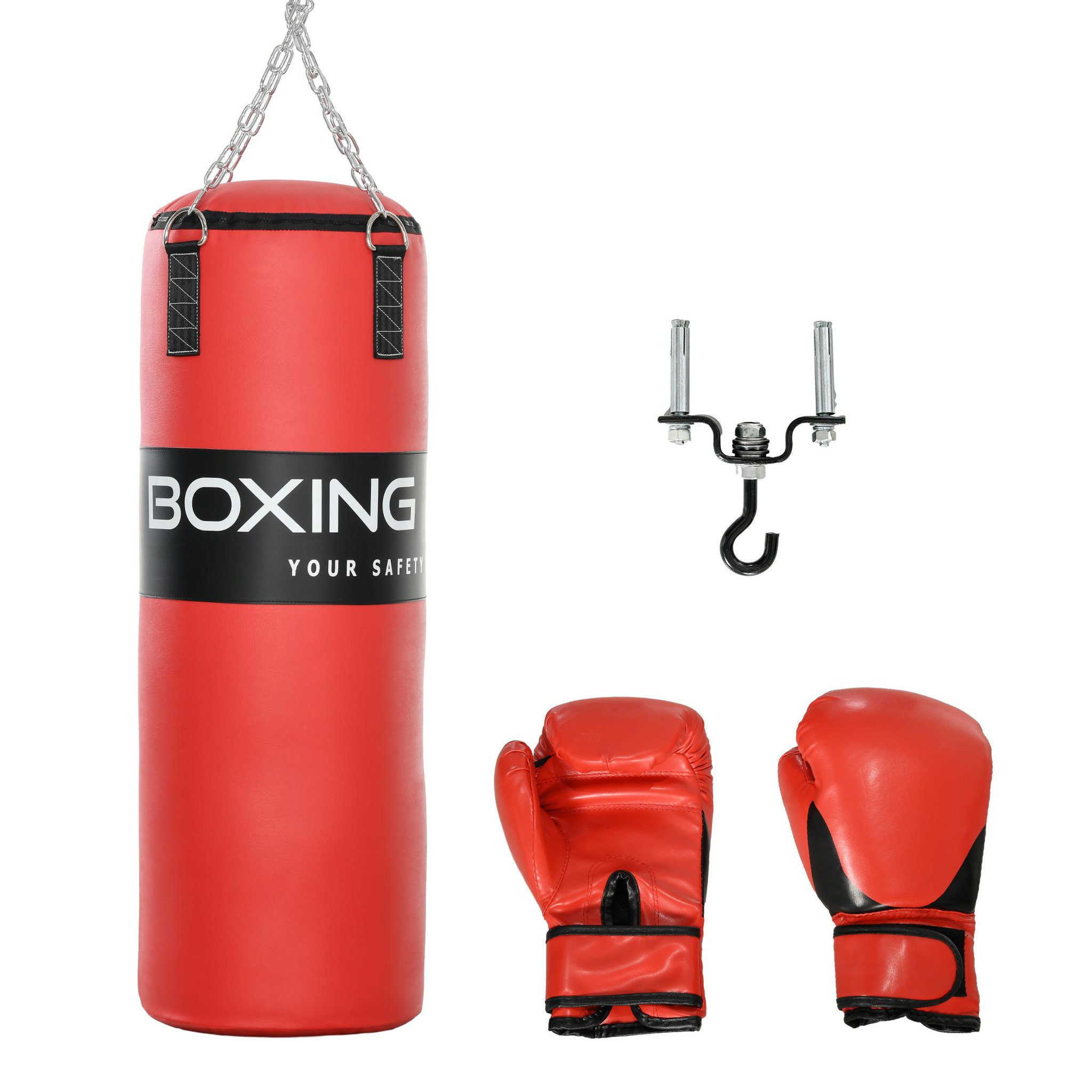 Voir la diapositive 1 : HOMCOM Sac de frappe à suspendre - kit de fixation, chaine 4 points, gants inclus - acier PVC EPE rouge noir