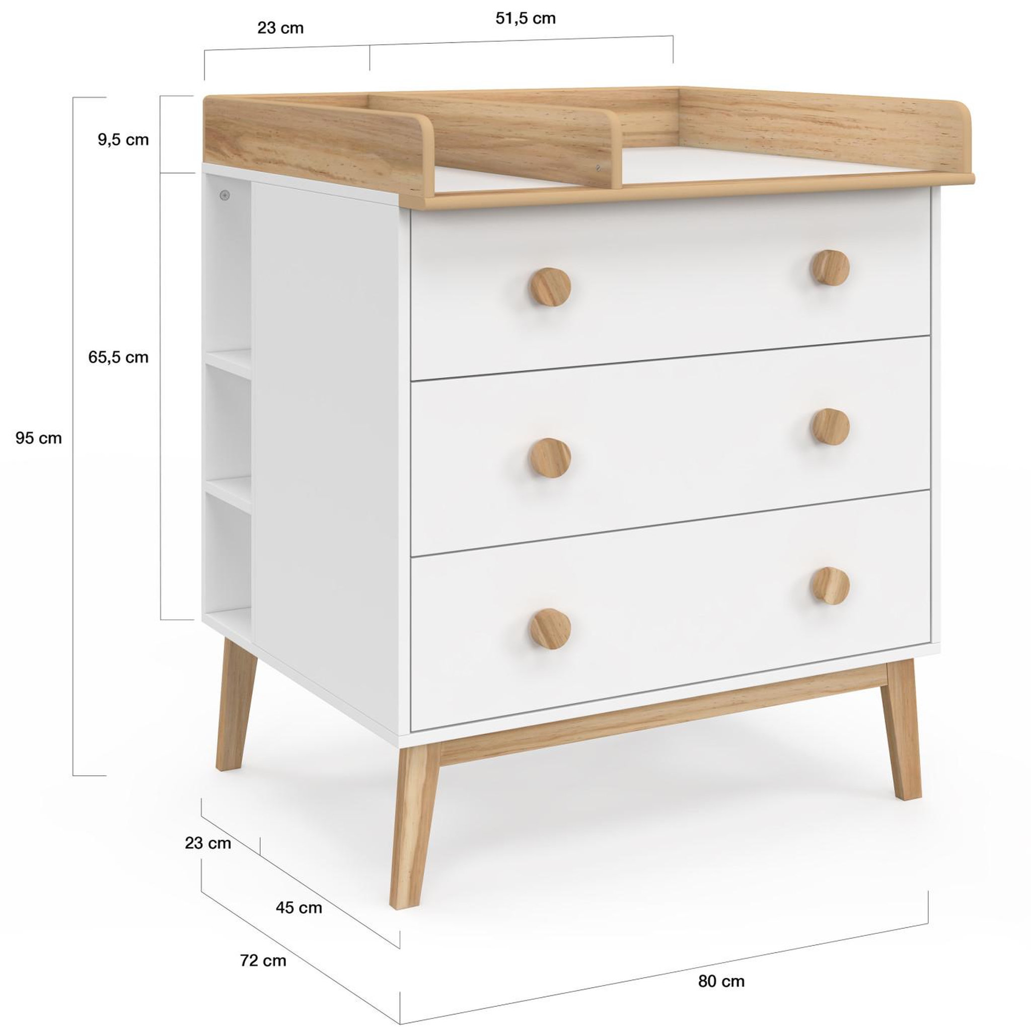 Voir la diapositive 5 : ID MARKET Commode à langer jacob blanc et bois 3 tiroirs, table à langer amovible et 2 étagères