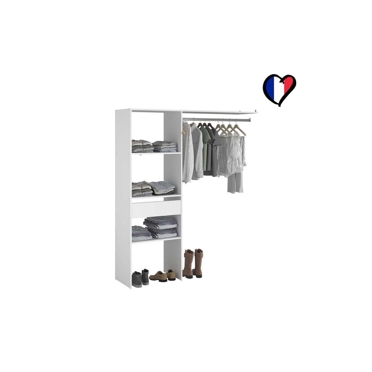 CONCEPT USINE Dressing blanc 3 étagères, 1 tiroir, penderie 160 x 40 x 180 cm ELYSEE