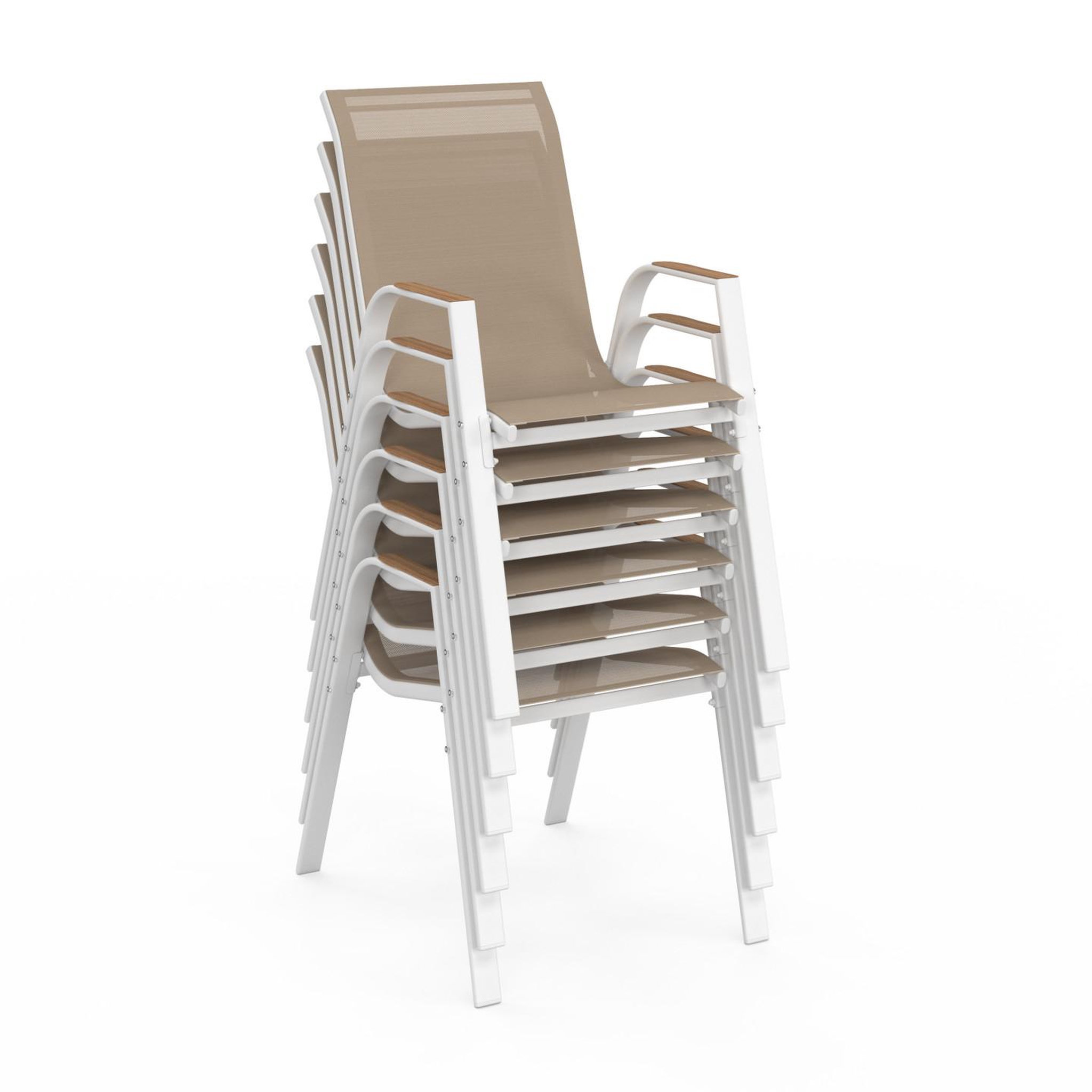 Voir la diapositive 4 : ID MARKET Salon de jardin noumea table 190 cm plateau verre trempé effet bois et 8 chaises empilables blanc et bois