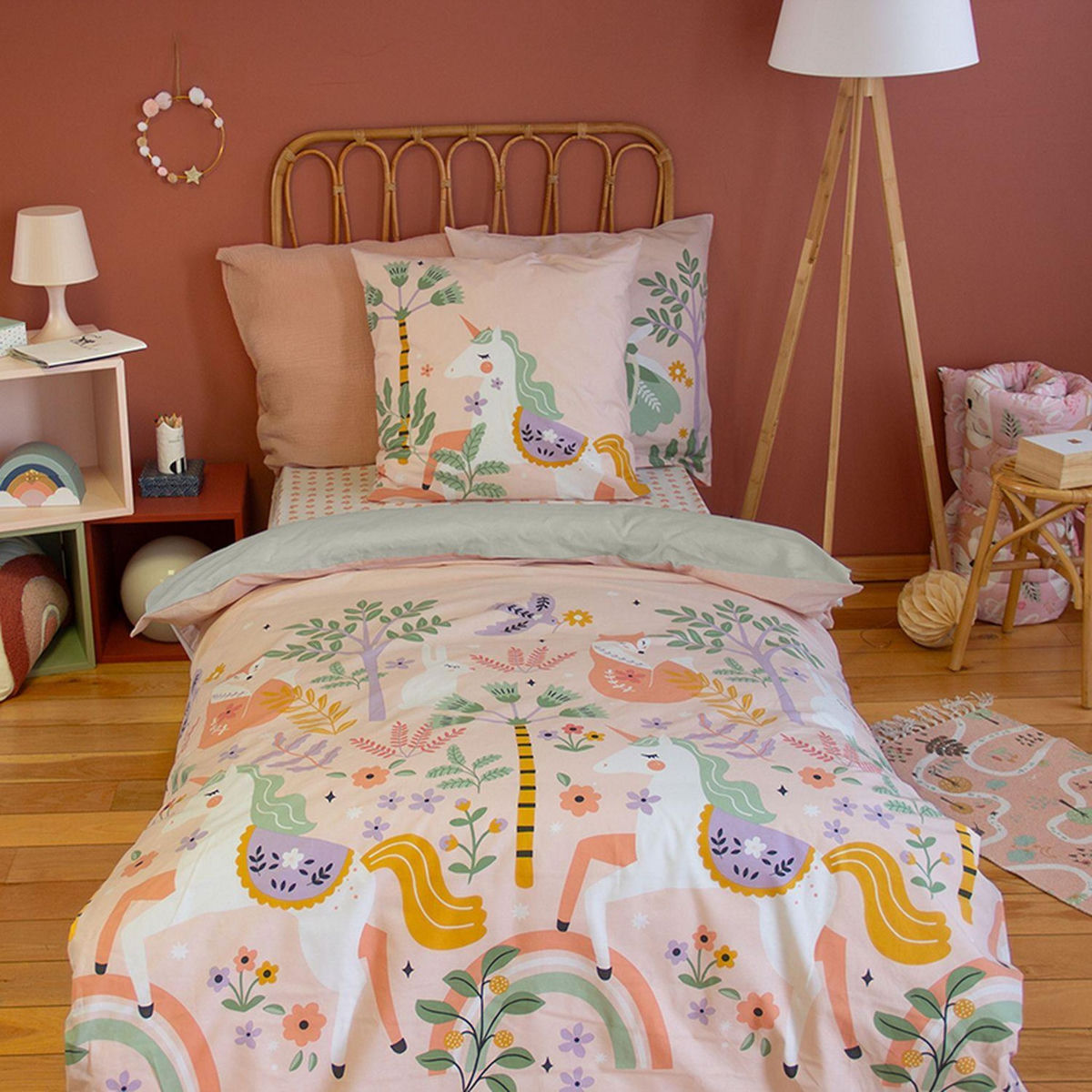 COTE DECO Parure de lit enfant réversible Licorne/danseuse - 100% coton 57 fils/cm² - 140 x 200 cm