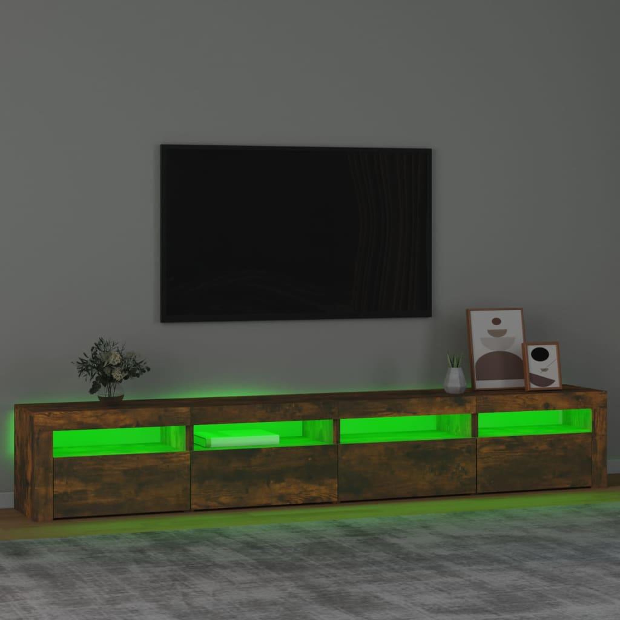 Voir la diapositive 4 : VIDAXL Meuble TV avec lumieres LED Chene fume 240x35x40 cm