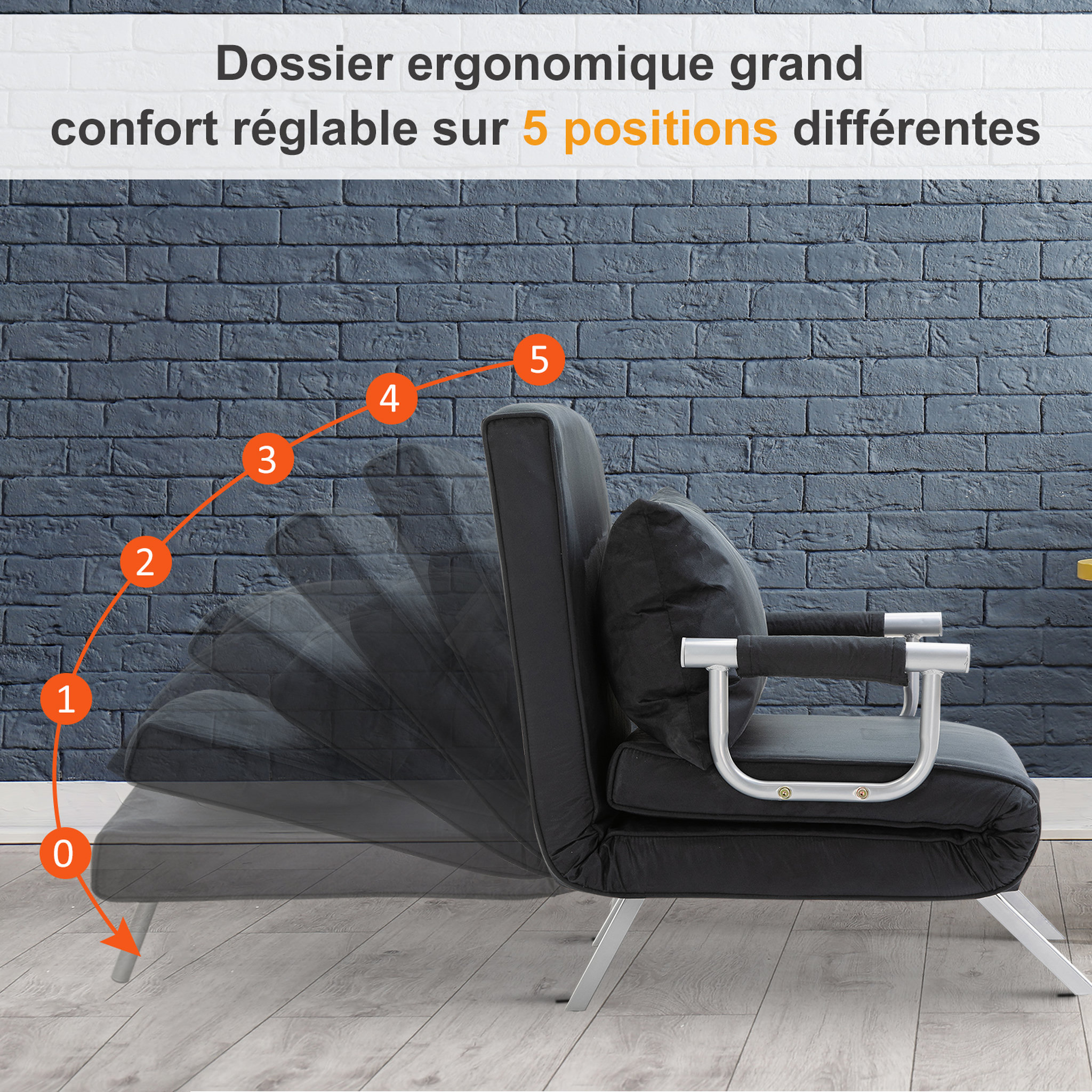 Voir la diapositive 5 : HOMCOM Fauteuil chauffeuse canapé-lit convertible 1 place déhoussable grand confort coussin pieds accoudoirs métal suède noir