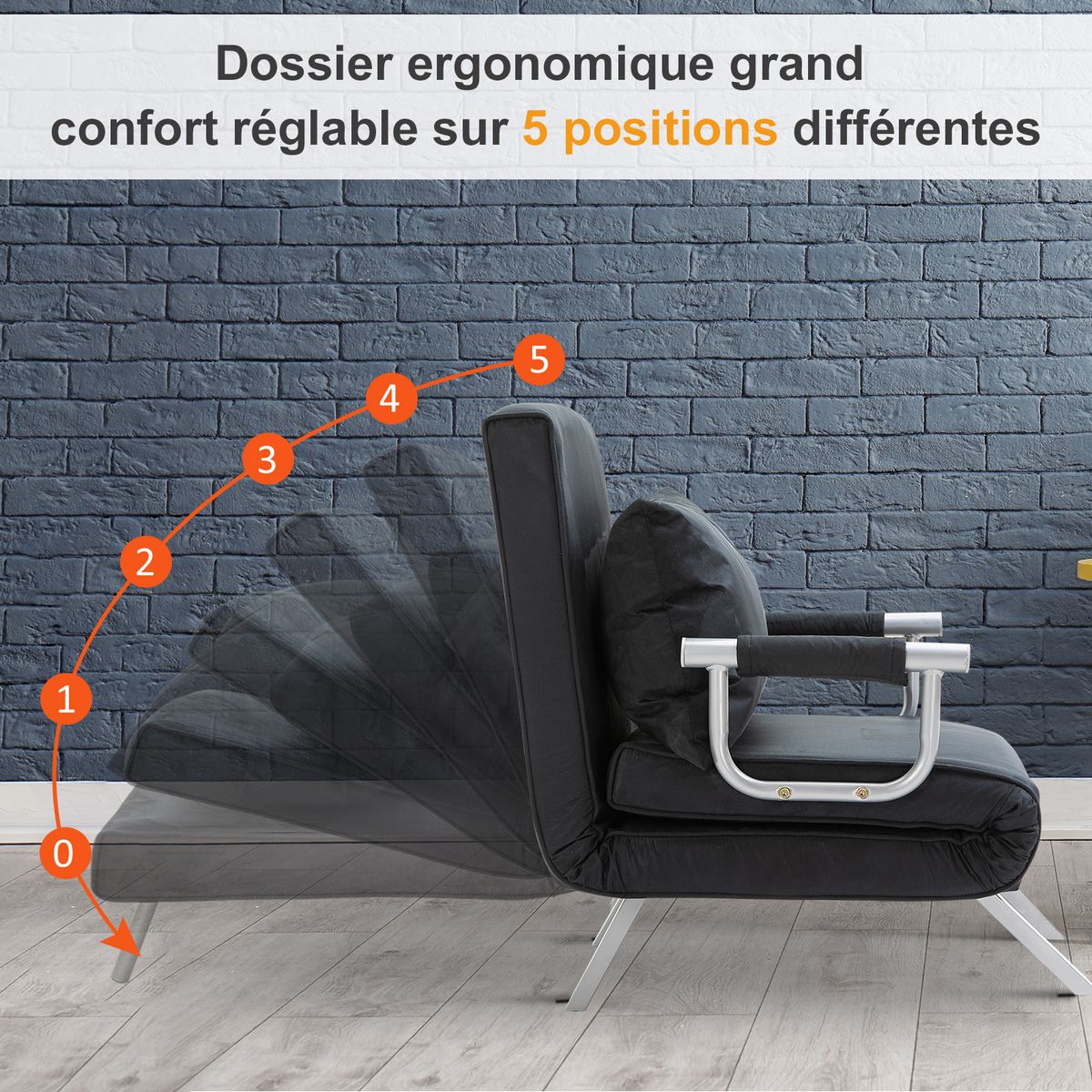 HOMCOM Fauteuil chauffeuse canapé-lit convertible 1 place déhoussable grand confort coussin pieds accoudoirs métal suède noir