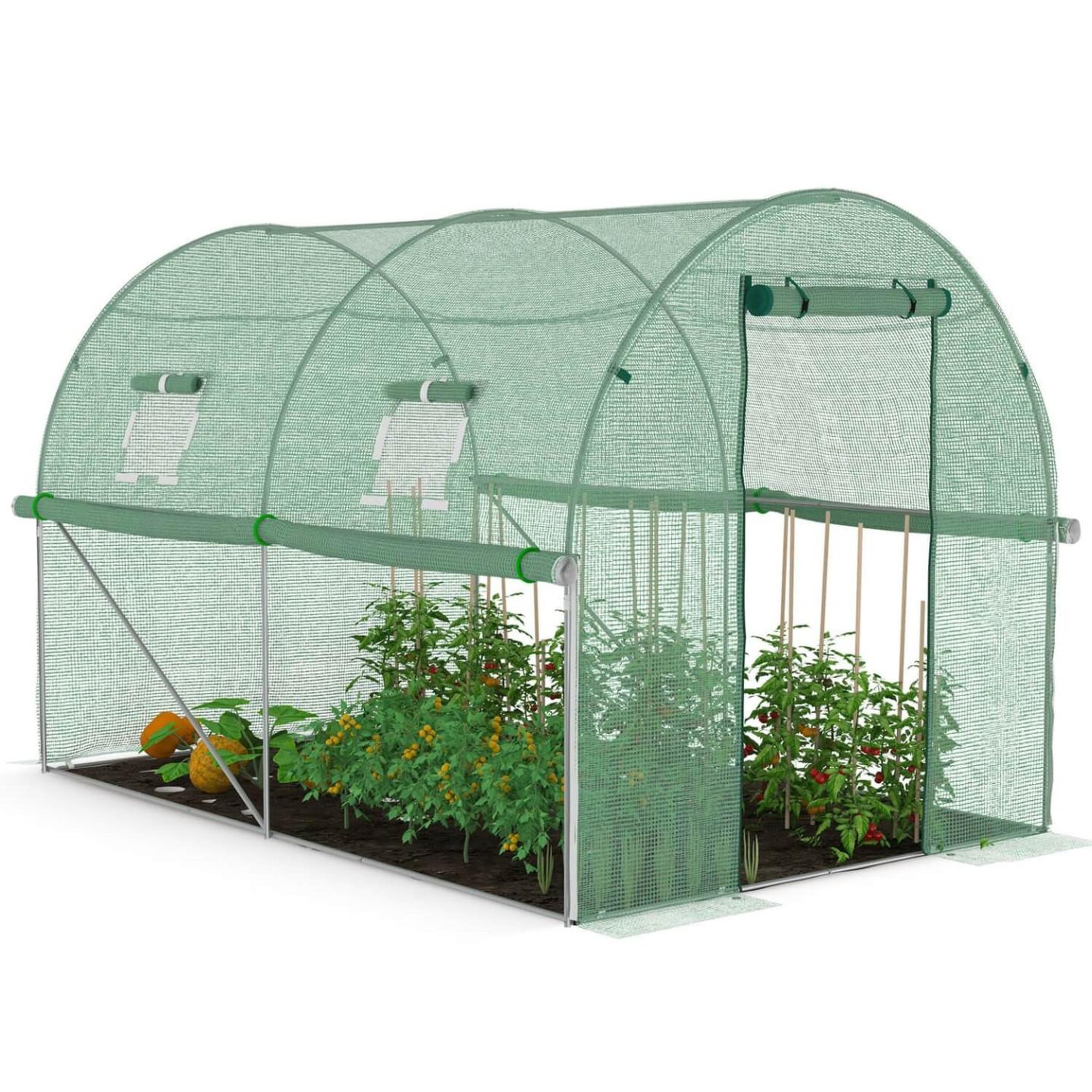 ID MARKET Serre de jardin tunnel 6m² 3 x 2 x 2 m acier galvanisé + bâche anti-UV avec porte et fenêtres ROMA verte toutes saisons