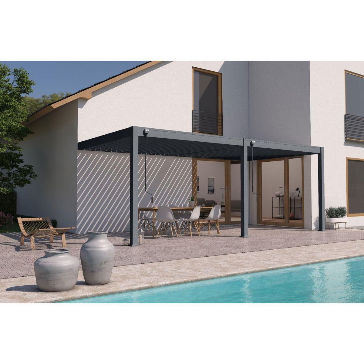 Pergola Bioclimatique adossée 3x6 m- Aluminium - Anthracite - VS OmBREA®