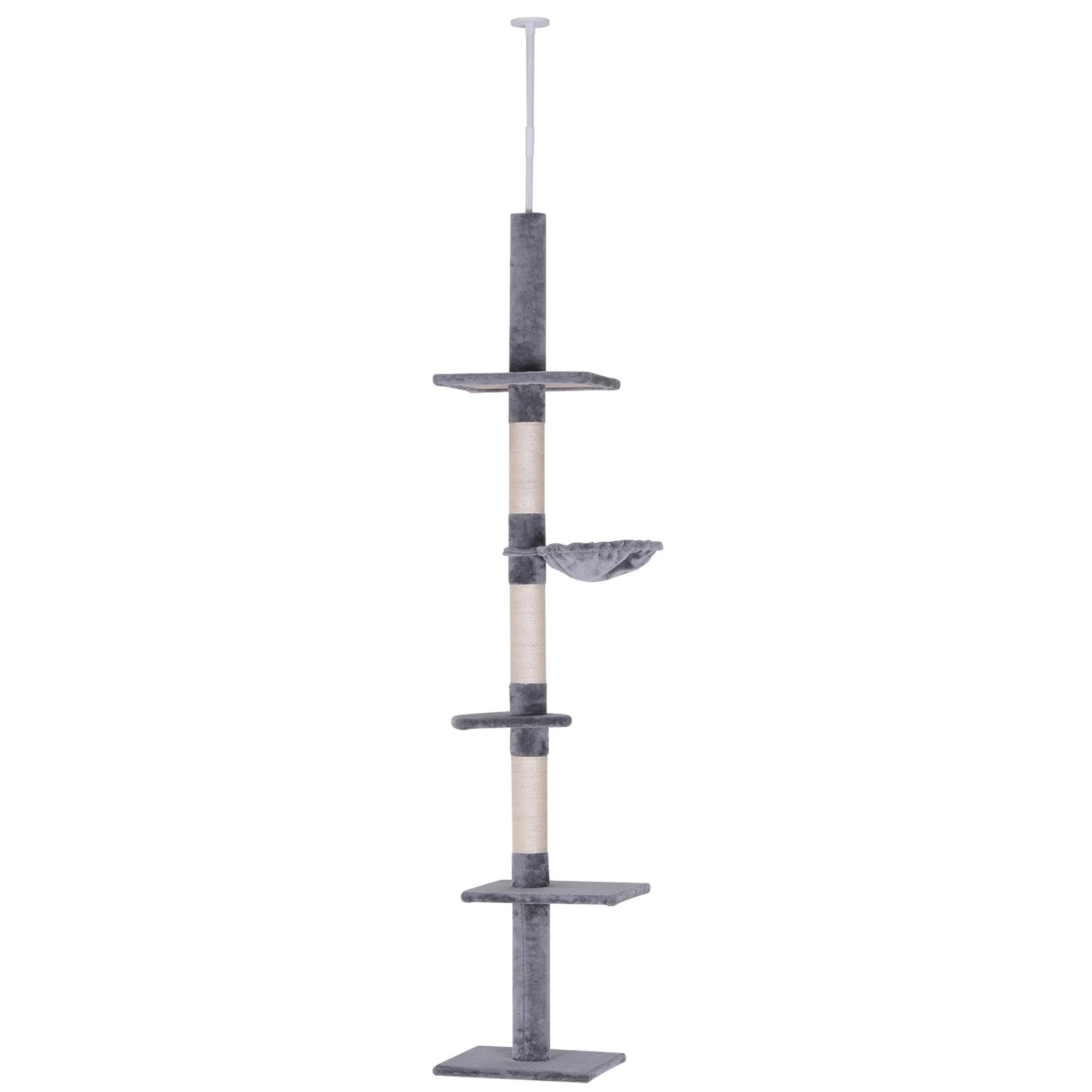 PAWHUT Arbre à chat poteau à griffer l40 x l 34 x h 230-260 cm 5 niveaux d'activités gris