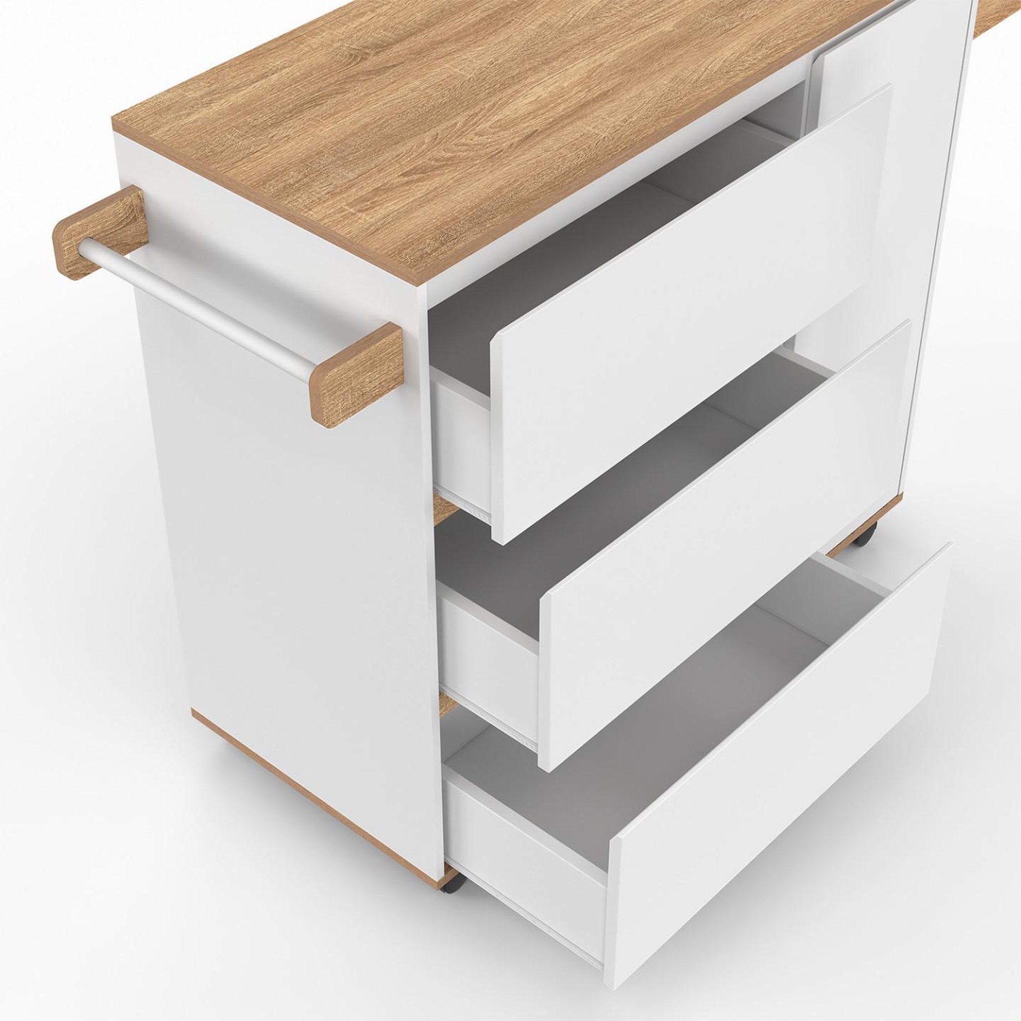 Voir la diapositive 6 : ID MARKET Desserte de cuisine comi xxl avec 3 tiroirs casserolier et placard blanc et plateau façon hêtre l. 90 cm