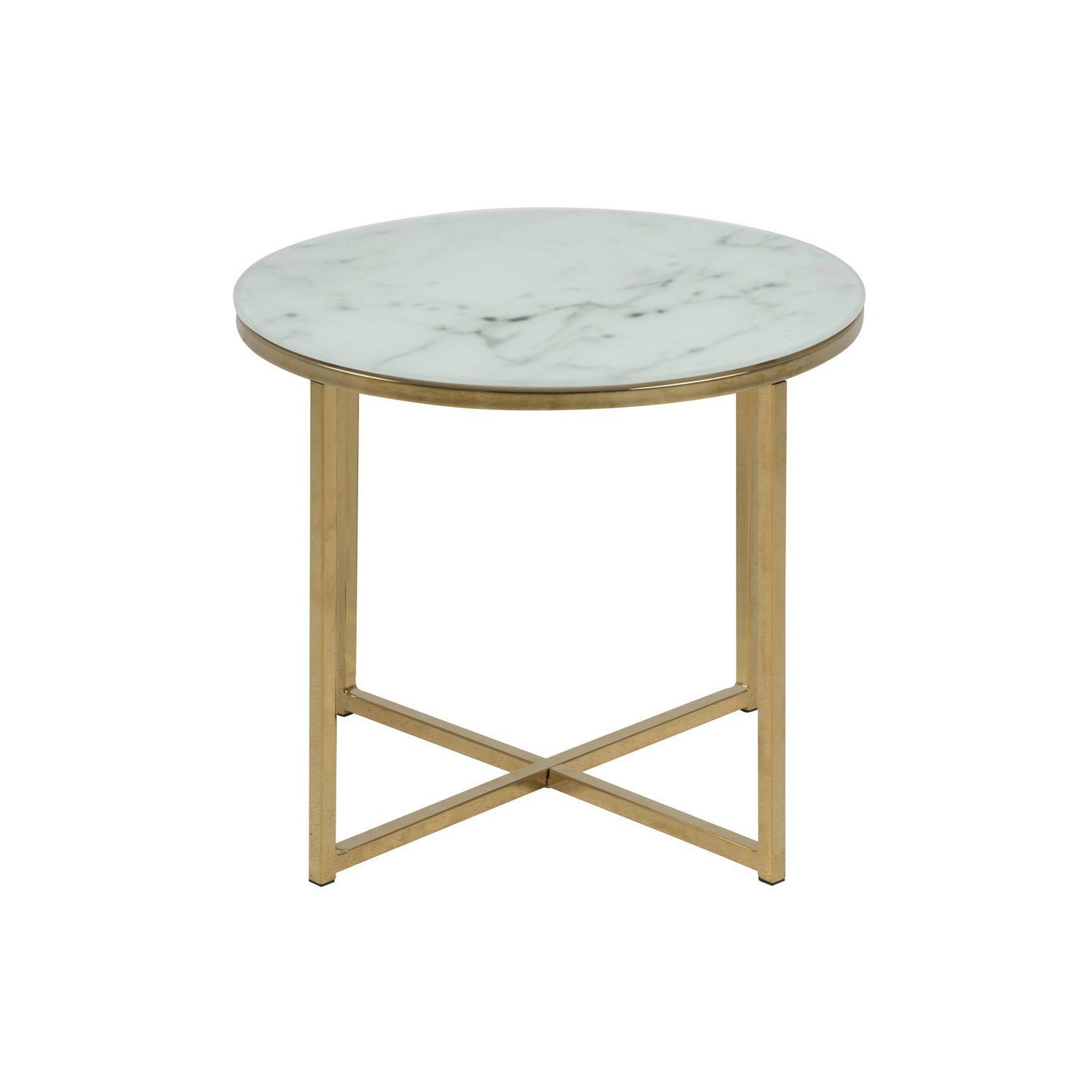 Voir la diapositive 3 : TOILINUX Table à café ronde effet marbre en verre et métal - diam. 50 cm x h. 42 cm - doré et blanc