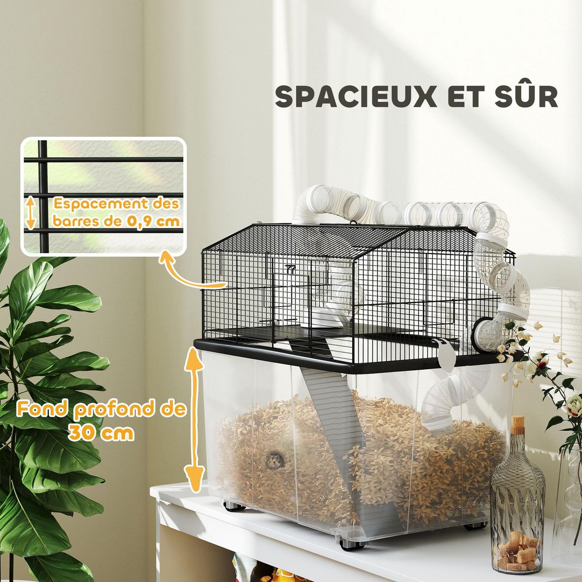PAWHUT Cage pour hamster sur roulettes - cage à rongeur 2 portes - accessoires multiples - acier noir PP transparent