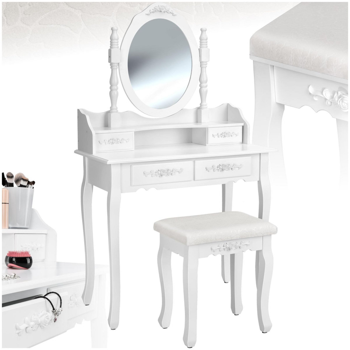 tectake Coiffeuse table de maquillage au look vintage avec tabouret rembourré blanc