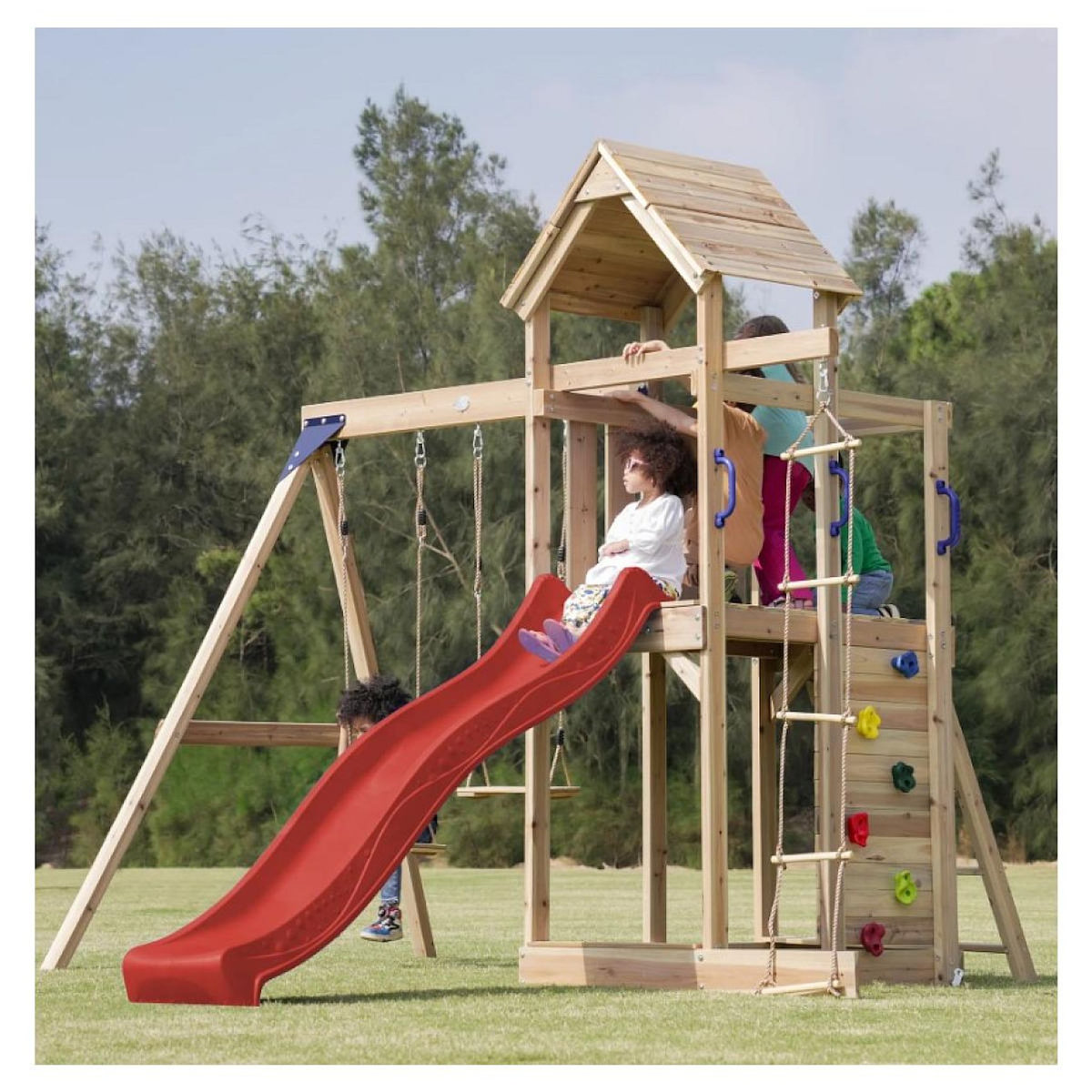 Axi House Portique Moos 2 balançoires + échelle toboggan rouge