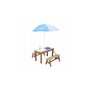 Axi House AXI Dennis Table sable et eau Picnic avec cuisine evier et banc Marron Parasol Bleu Blanc