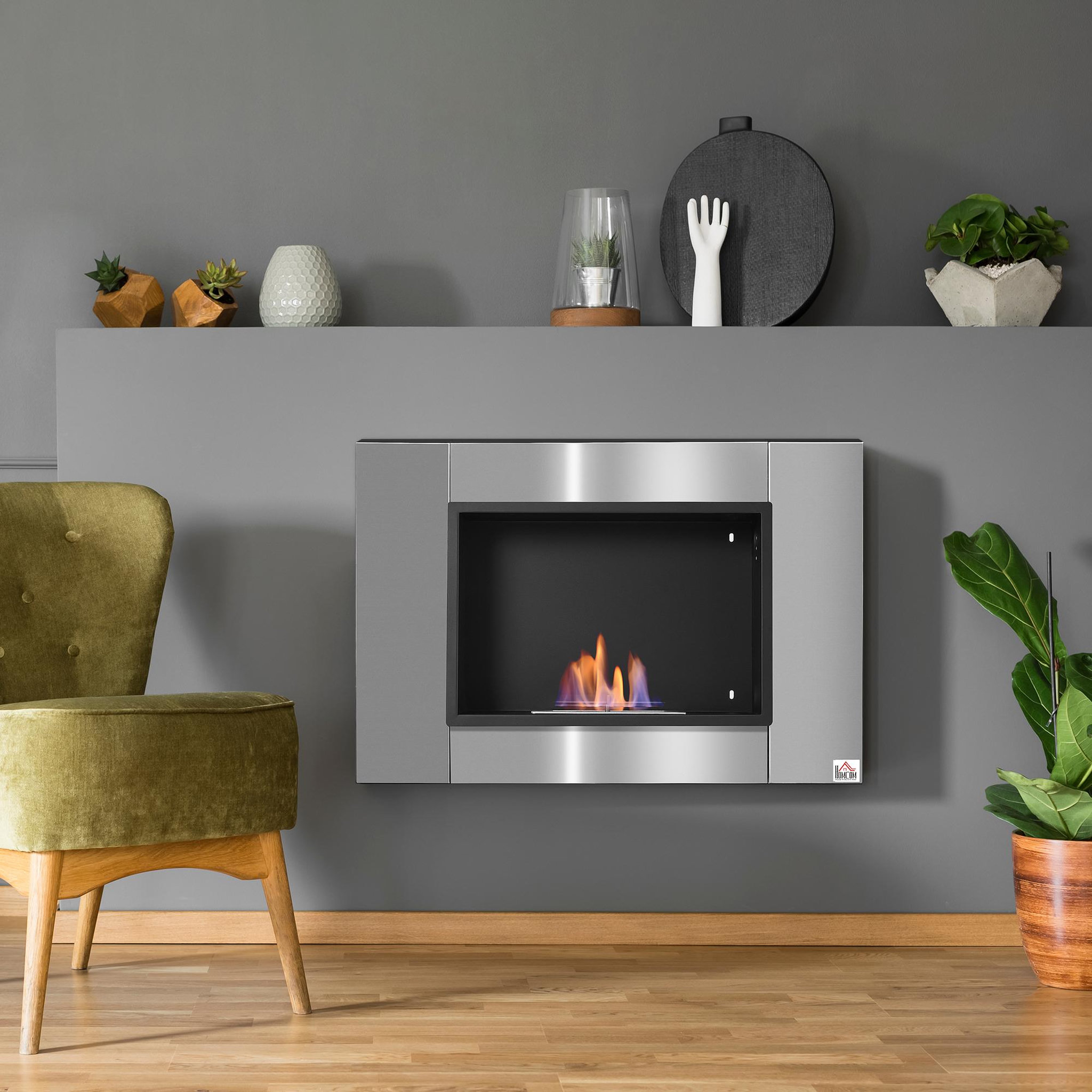 Voir la diapositive 2 : HOMCOM Cheminée bioéthanol murale design Bauhaus 1 brûleur 0,9 L couverture 20-25 m² acier inox brossé