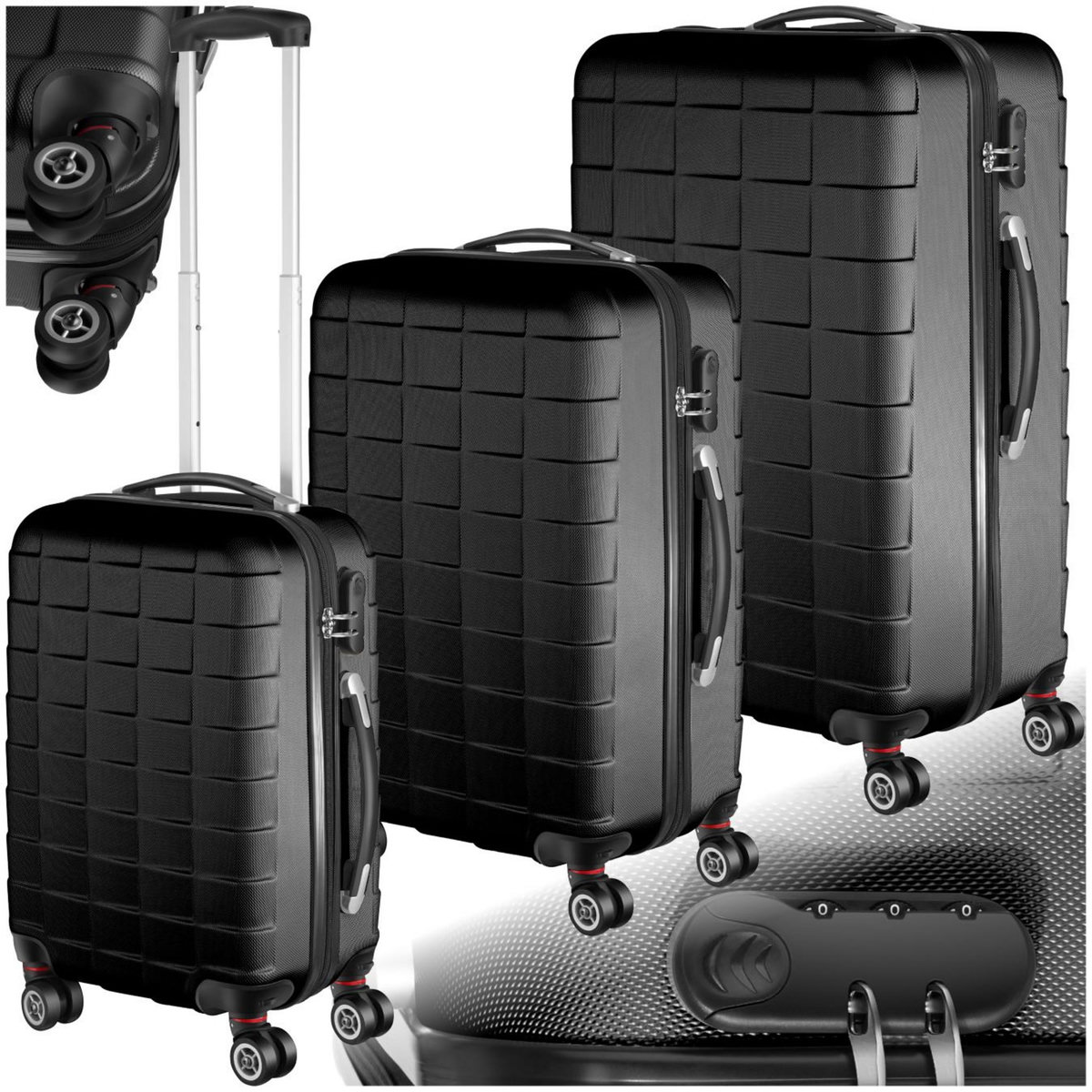 tectake Set de valises rigides 3 parties, en plastique ABS robuste noir