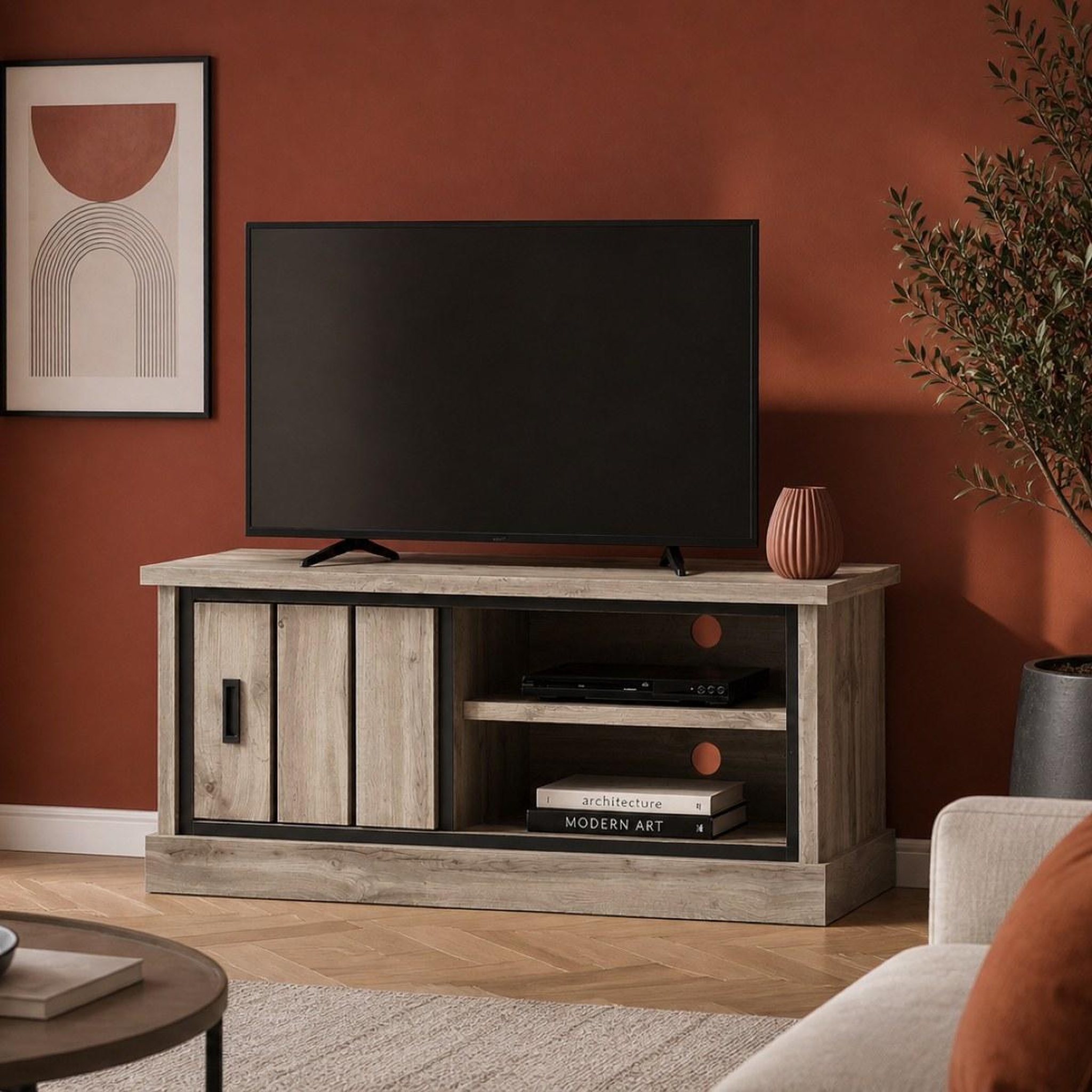 Voir la diapositive 2 : JLC KREATION Meuble tv 120cm chêne gris style industriel alicia