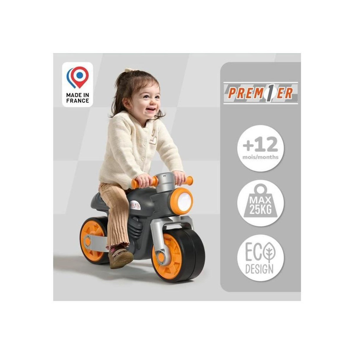 FALK Draisienne Moto Premier - FALK - Avec roues silencieuses - Gris - 75% Plastique Recyclé - 100% Fabriqué en France - Des 12 mo